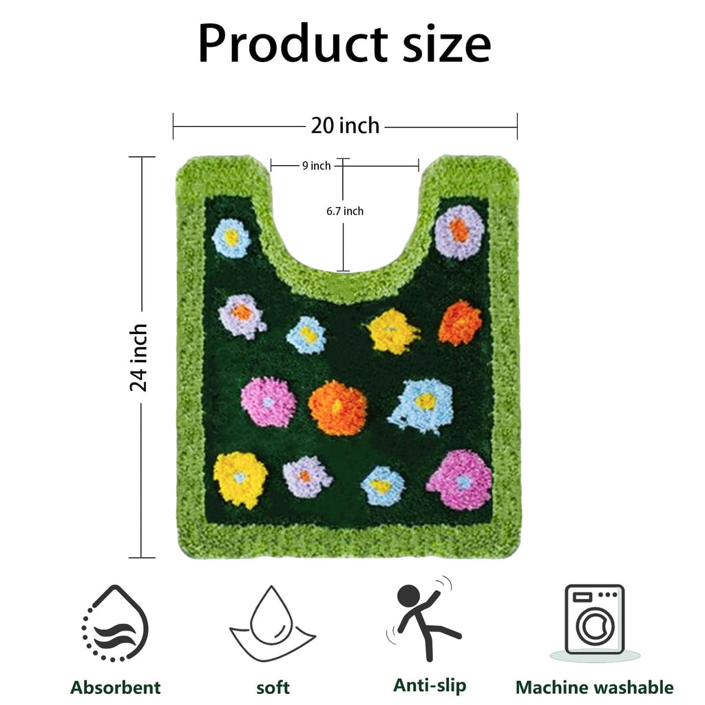 Moss Green Toilet Rugs, Luxury Tufted Extra Thick U-Shaped Toilet Rug,Cute Flower Green Moss Bath Mat Non Slip - Washable Water Absorbent Shag Bathroom Rugs for Bath