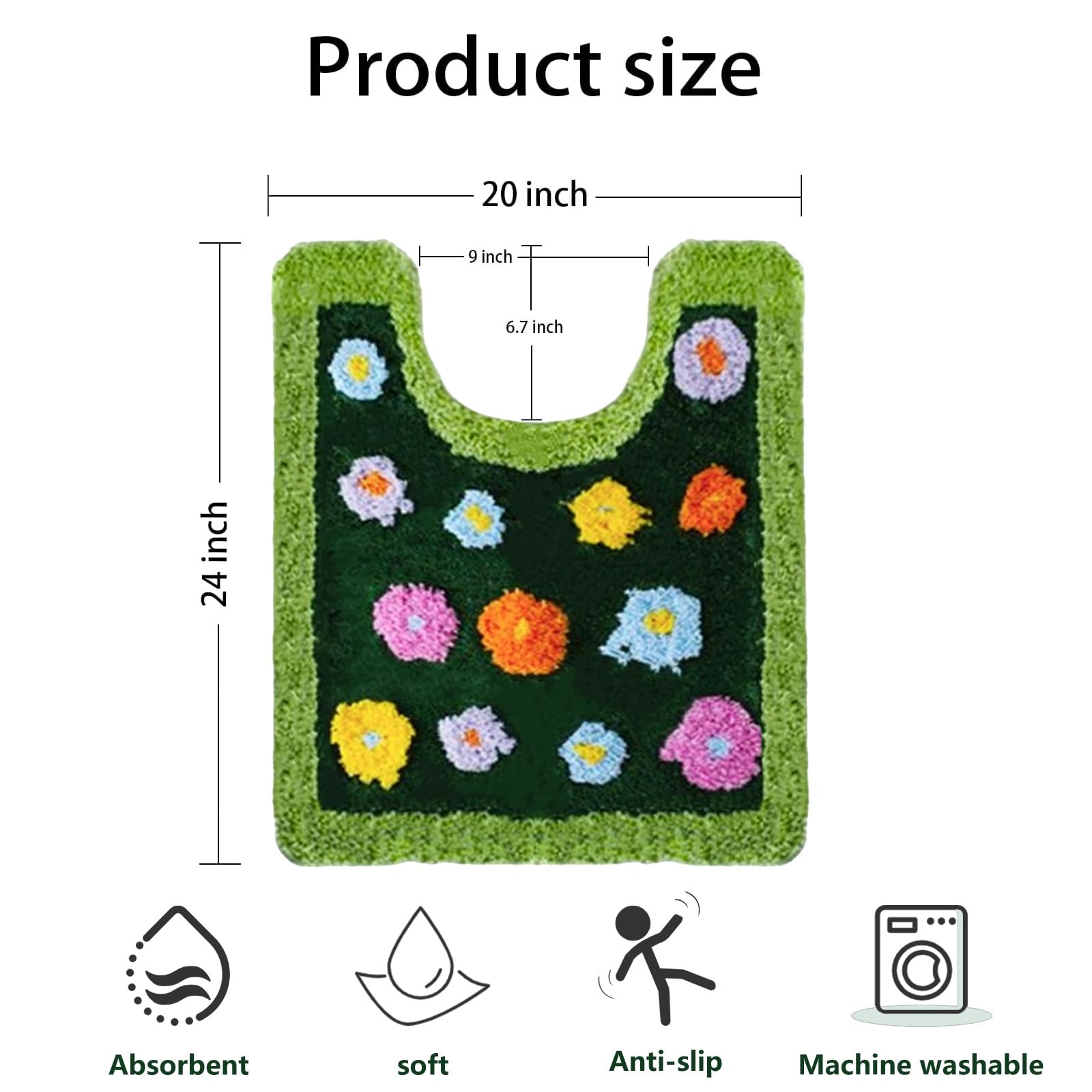 Moss Green Toilet Rugs, Luxury Tufted Extra Thick U-Shaped Toilet Rug,Cute Flower Green Moss Bath Mat Non Slip - Washable Water Absorbent Shag Bathroom Rugs for Bath