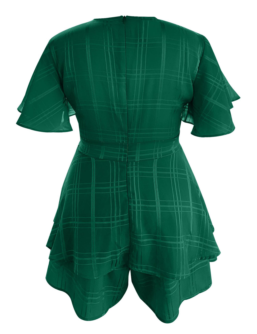 Women's Floral Rompers Jumpsuits V Neck Short Baggy Sleeve Waist Tie Double Layer Ruffle Hem Romper