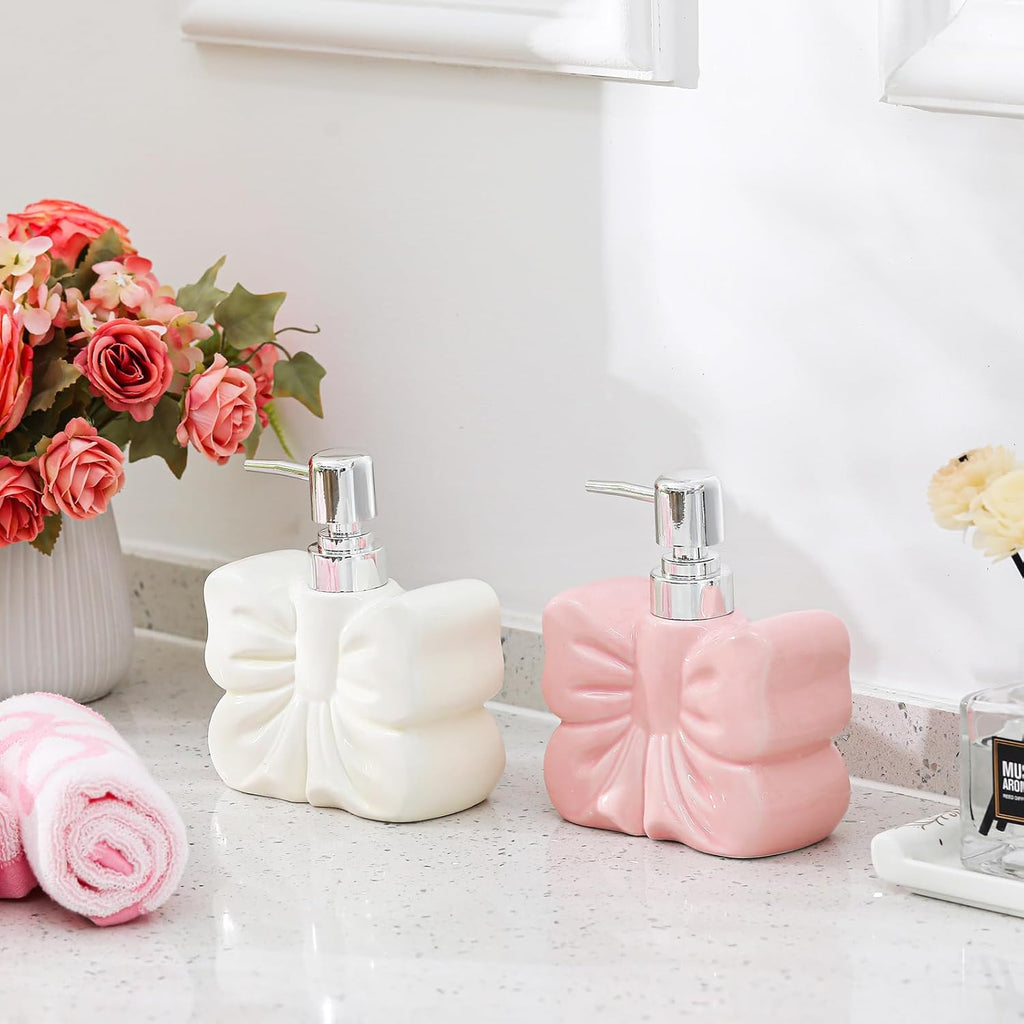 Ceramic Bow Shape Soap Dispensers Cute White and Pink - Coquette Bow Hand Sanitizer Bottle 12 oz Hand Soap Dispenser with Pump Bathroom Lotion Dispenser for Bathroom Kitchen Countertop 2 Pack