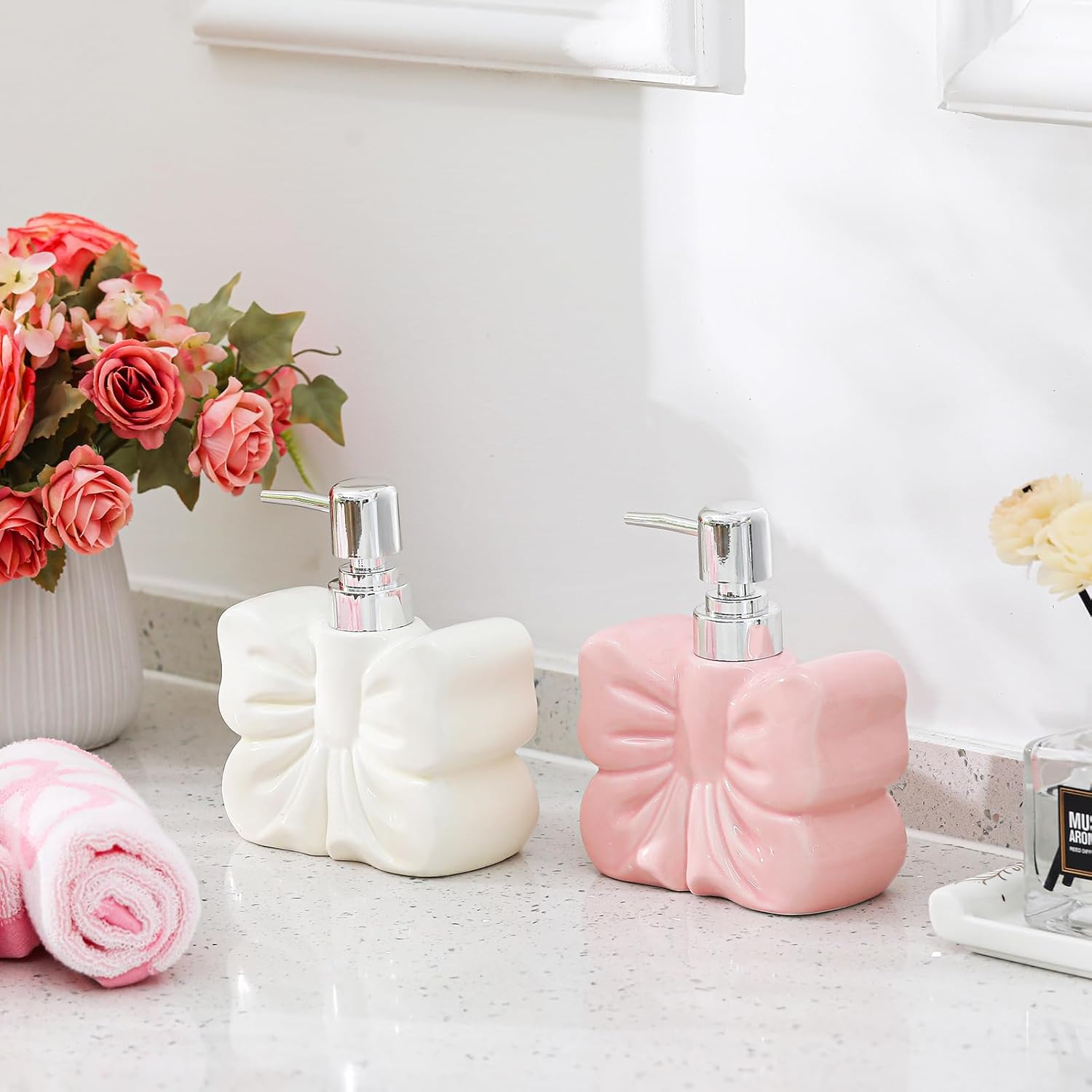 Ceramic Bow Shape Soap Dispensers Cute White and Pink - Coquette Bow Hand Sanitizer Bottle 12 oz Hand Soap Dispenser with Pump Bathroom Lotion Dispenser for Bathroom Kitchen Countertop 2 Pack
