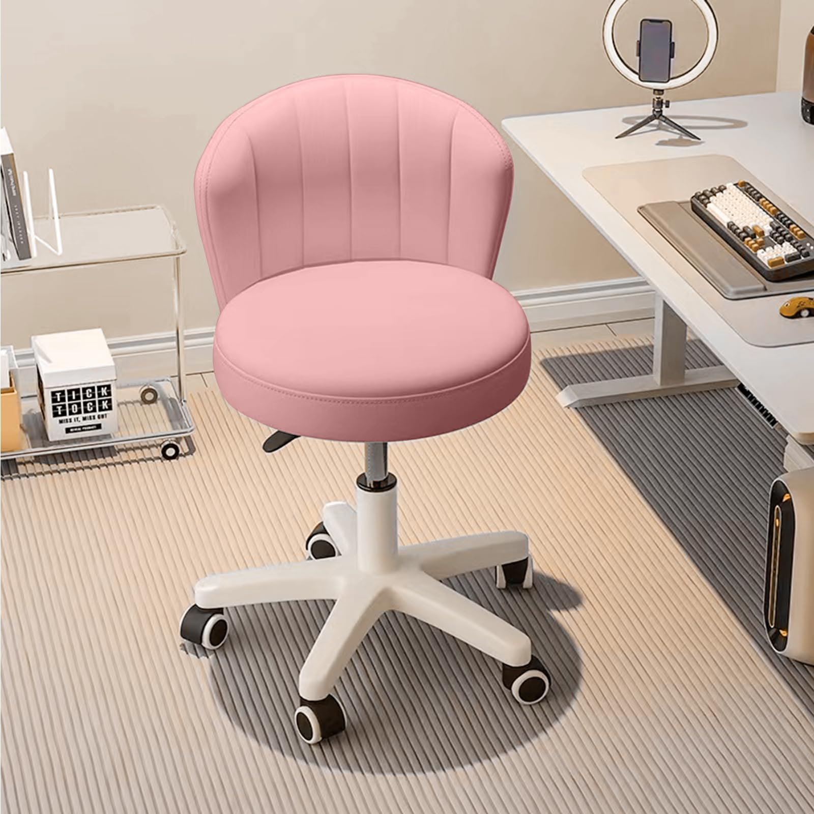 Small Desk Chair Round Rolling Chair with Back PU Leather Height Adjustable Swivel Vanity Work Computer Stool Chair