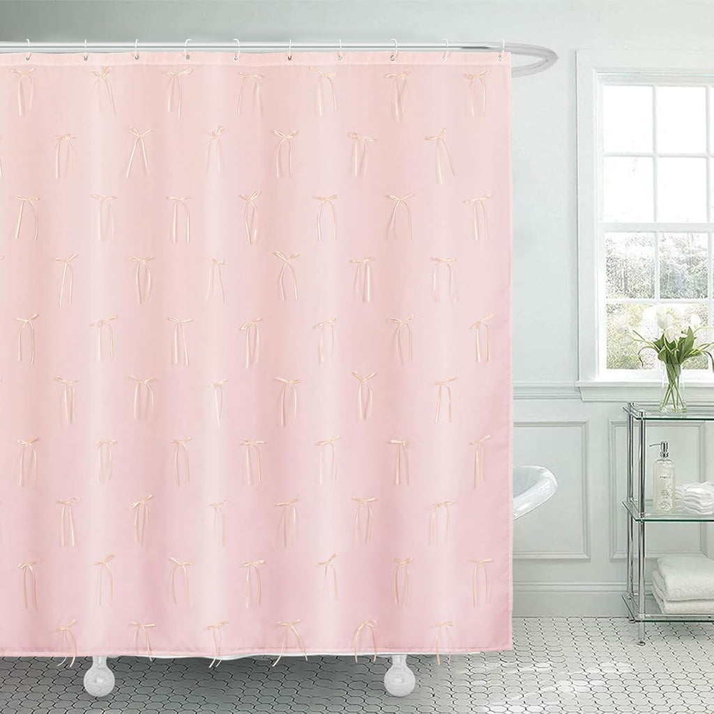 Coquette Pink Bow Shower Curtain Shower Curtain with 12 Buttonholes Bathroom Modern Aesthetic Cloth Shower Curtain Set, 72" W x 72" H