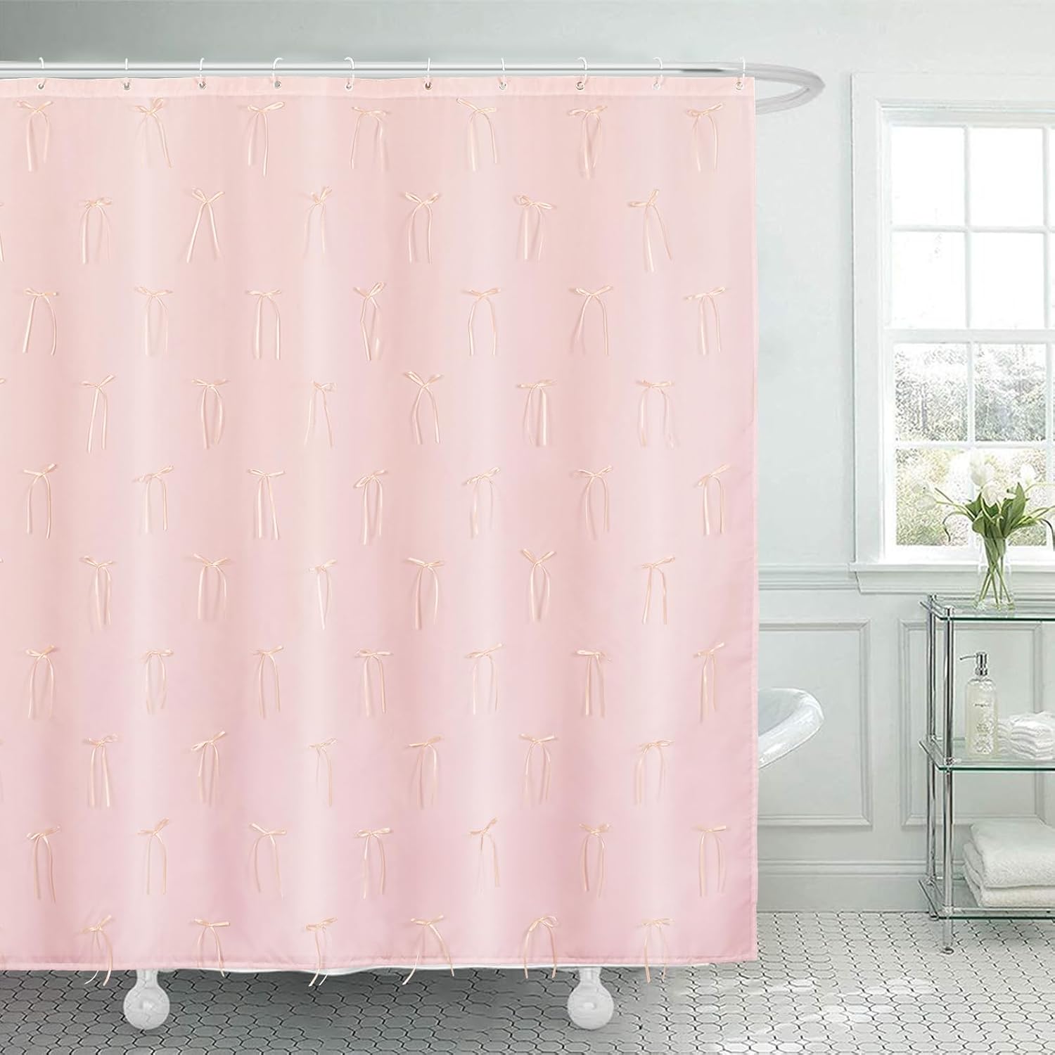 Coquette Pink Bow Shower Curtain Shower Curtain with 12 Buttonholes Bathroom Modern Aesthetic Cloth Shower Curtain Set, 72" W x 72" H