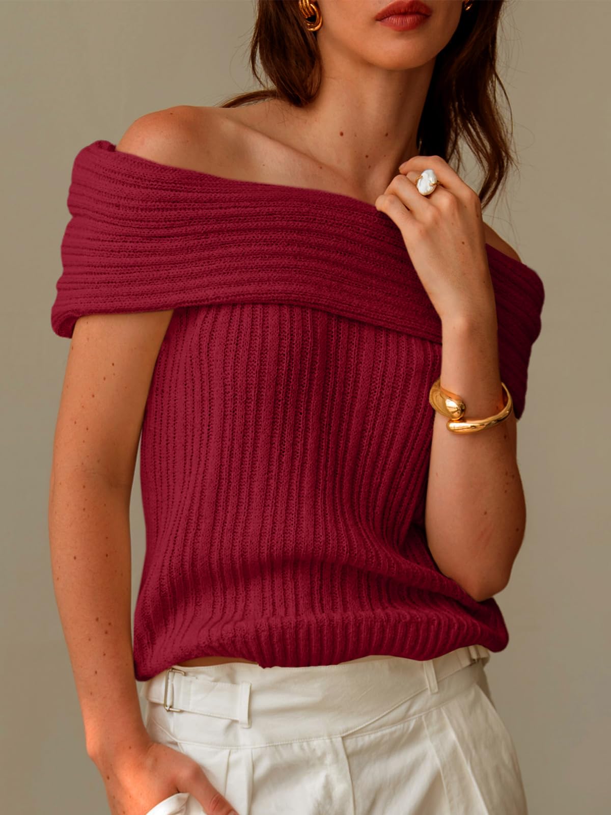 Womens Off The Shoulder Sweater Tops Summer Sleeveless Strapless Ribbed Sexy Pullover Shirts