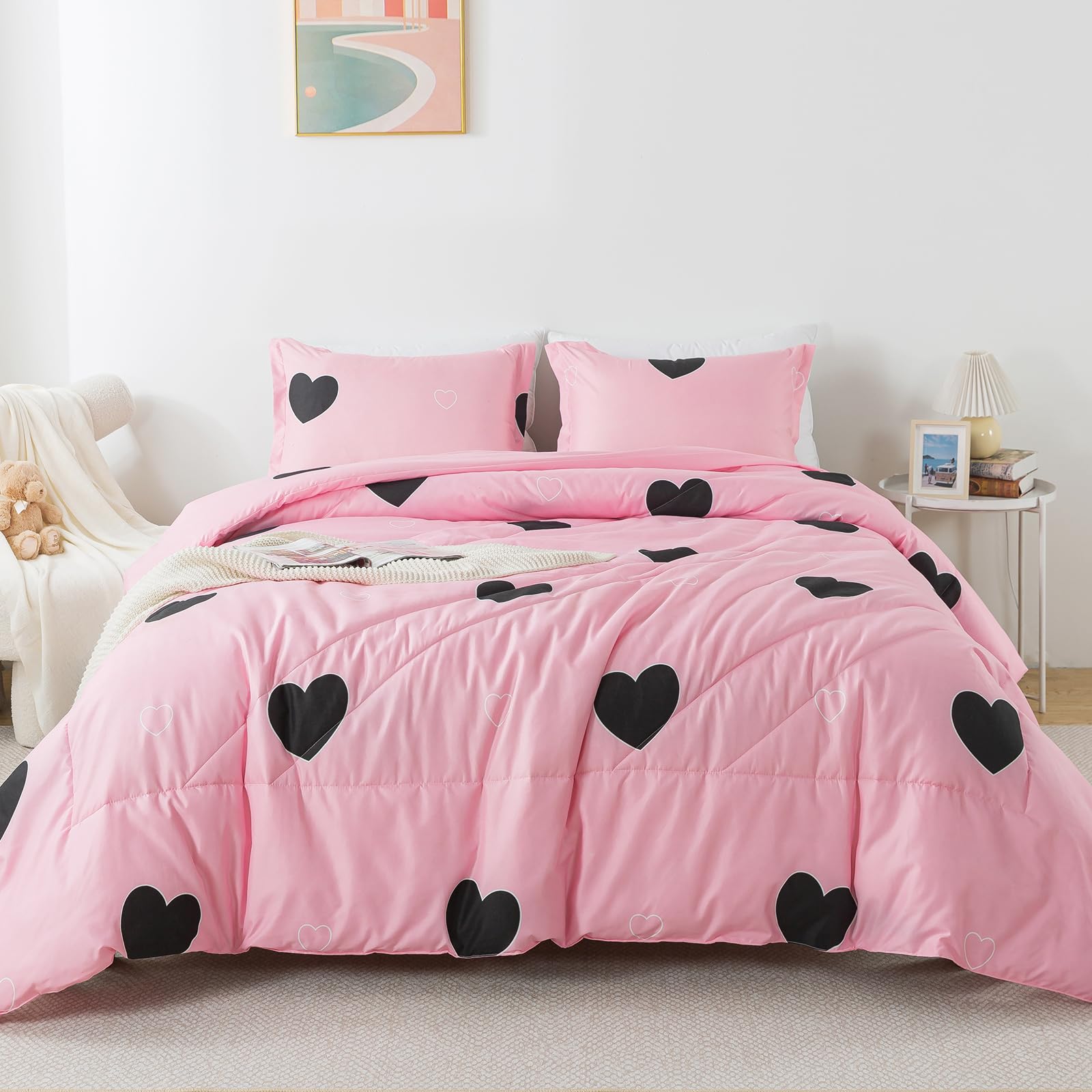 Love Comforter Set, Cute Heart Pattern Bedding Comforterm, Soft Microfiber Fluffy Lovely Comforter Set for All Seasons Room Decor
