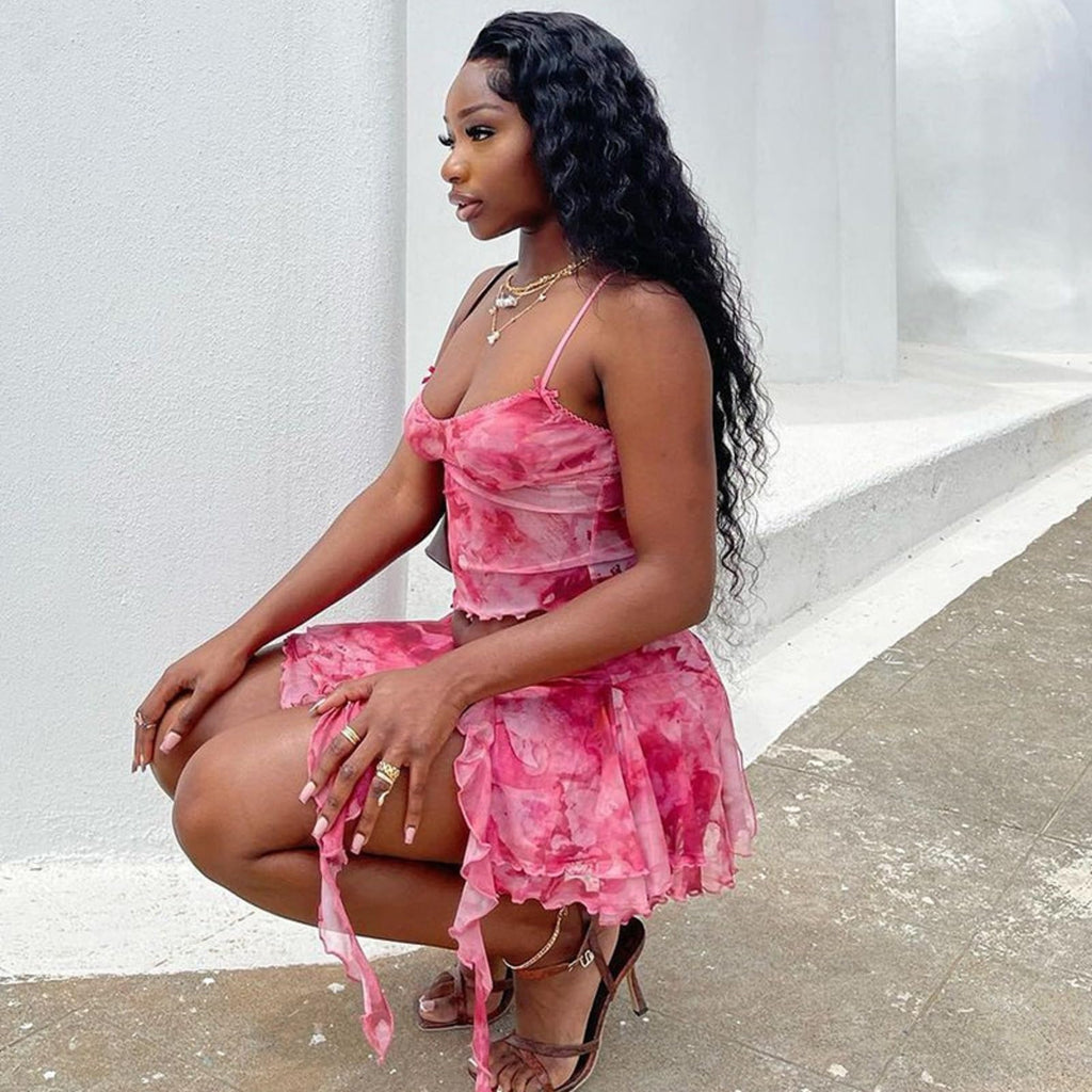 Womens Sexy 2 Piece Club Outfits Set Floral Print Camisole Crop Top Mini Skirt with Slit