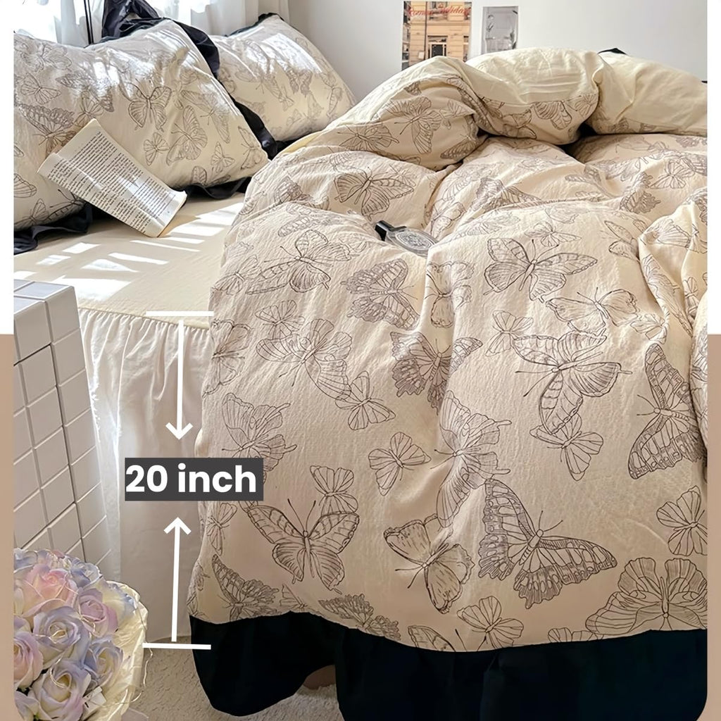 Duvet Cover 4pcs - Cotton Ultra Soft Ruffle Bedding Set includ 1 Duvet Cover with Zipper Ties,1 Fitted Sheet with Bed Skirt, 2 lace Pillow Shams for All Season