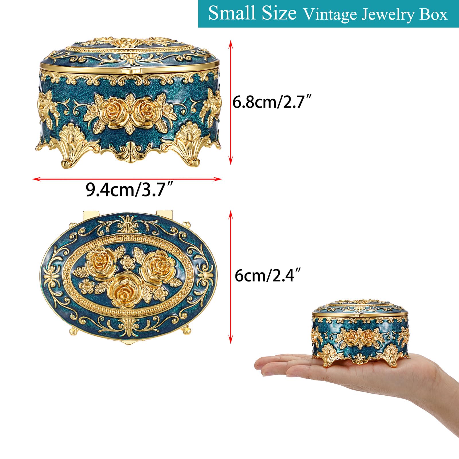 Vintage Metal Jewelry Box - Oval Trinket Organizer with Rose Pattern Jewelry Storage Box