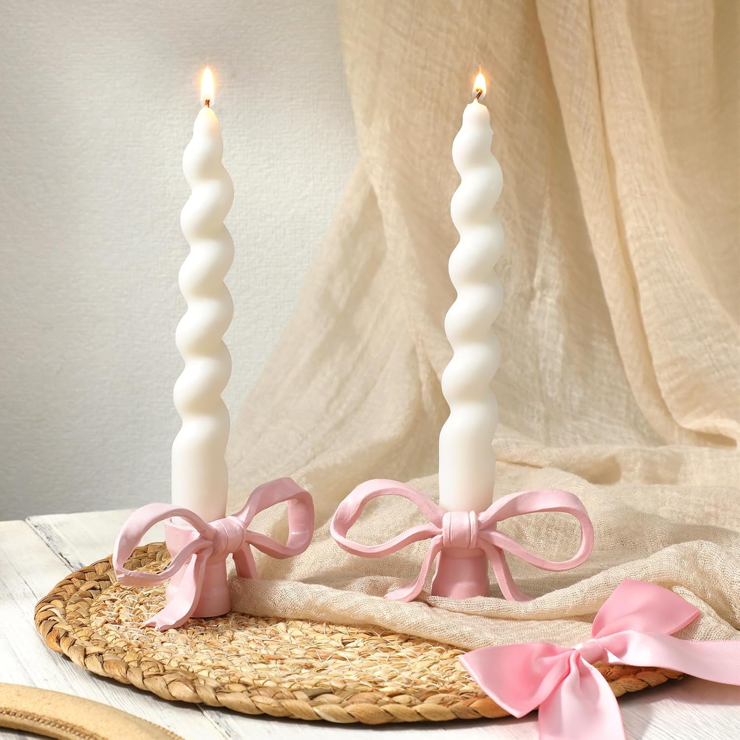 3 Pcs Pink Bow Candle Holder Coquette Bow Taper Candlestick Holder Modern Style Resin Decorative Candle Stand Centerpiece
