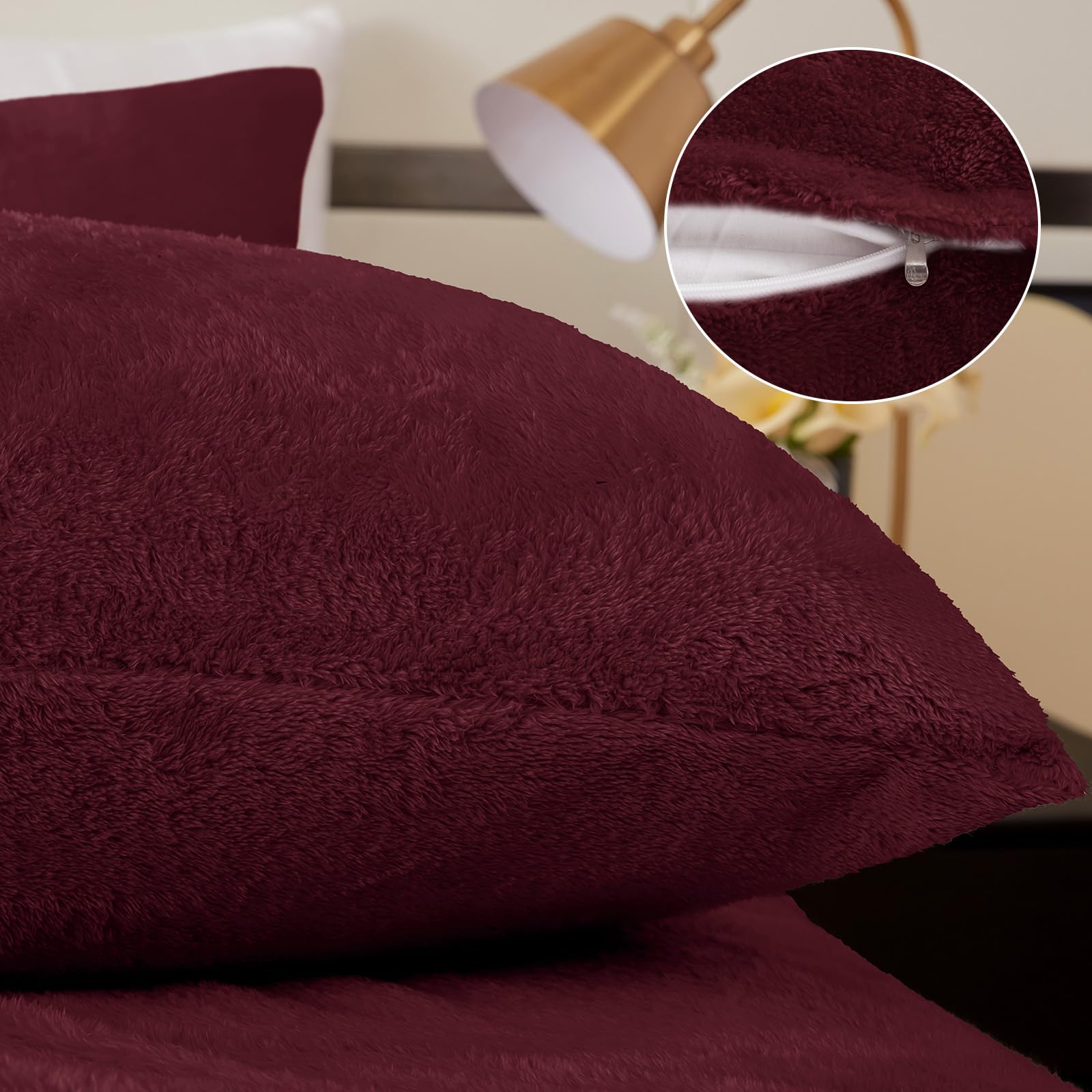 Faux Fur Pillow Cases Set of 2, Luxury Ultra Soft Fuzzy Pillowcases, Fluffy Plush Velvet Pillow Covers with Zipper, Cozy Warmth and No Shedding