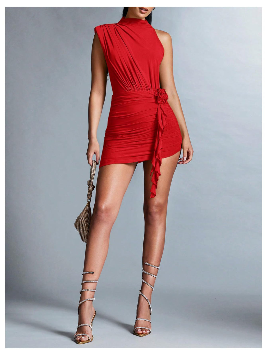 Women's 3D Flower One Shoulder Ruched Bodycon Mini Sleeveless Mock Neck Asymmetrical Dress