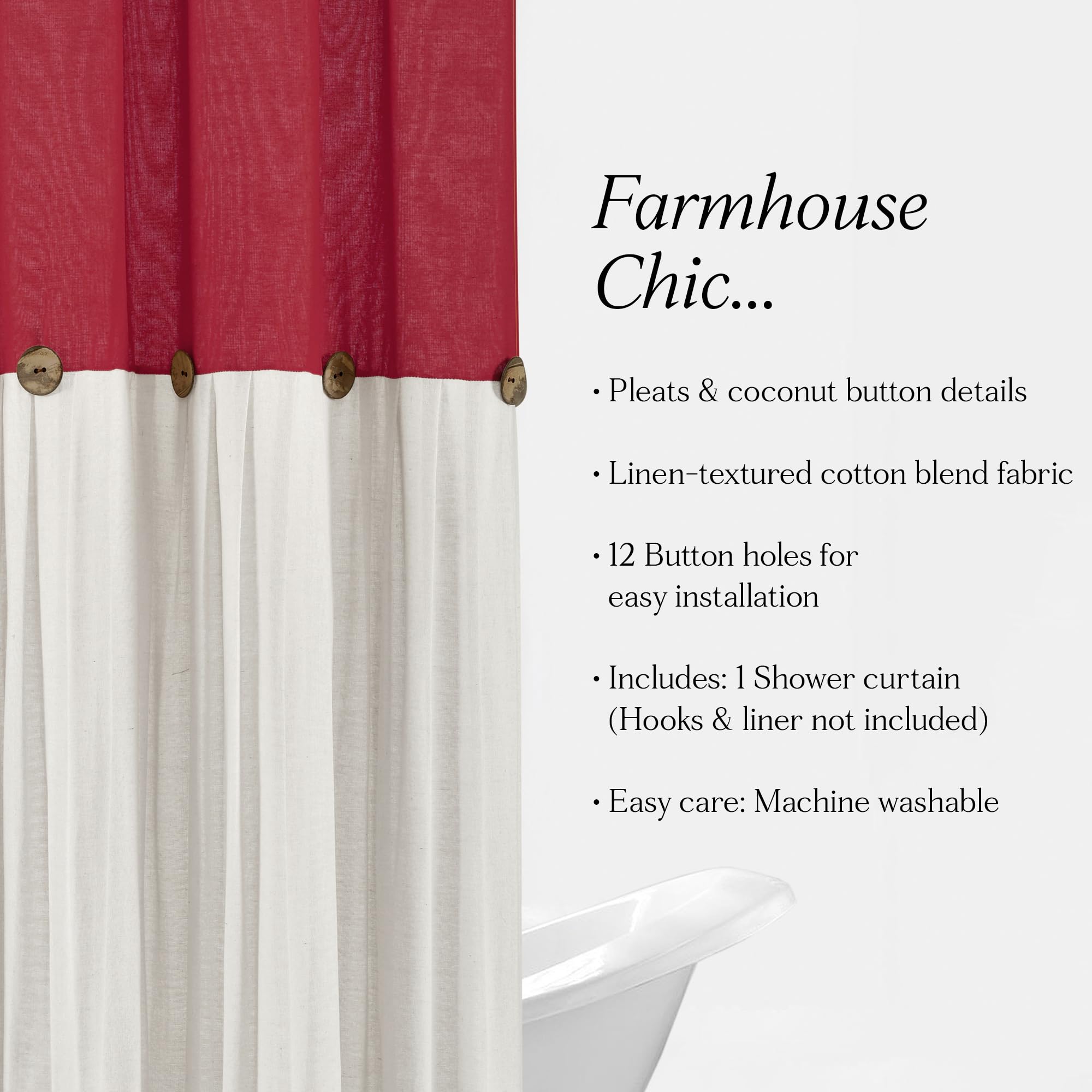 Lush Decor Linen Button Shower Curtain, 72" W x 72" L, Fabric Shower Curtains