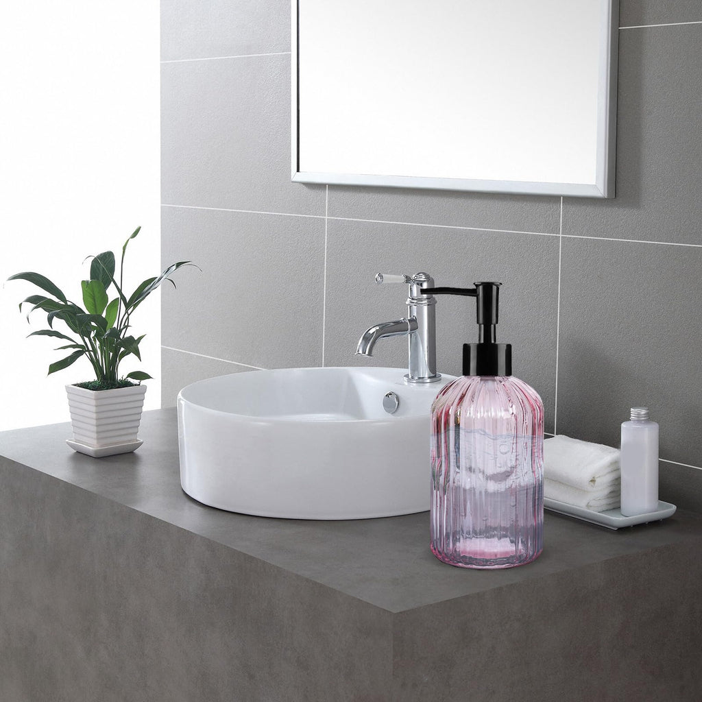 Pink Clear Glass Soap Dispenser 13 Oz/400ml, Striped Transparent Liquid Hand Soap Dispenser for Kitchen & Bathroom
