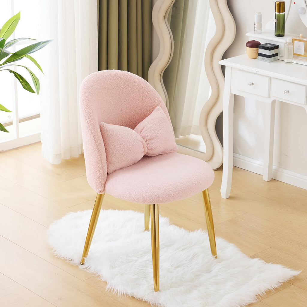 Cute, non-wheeled desk chair with backrest, fluffy cushion, cozy makeup chair with adjustable golden legs