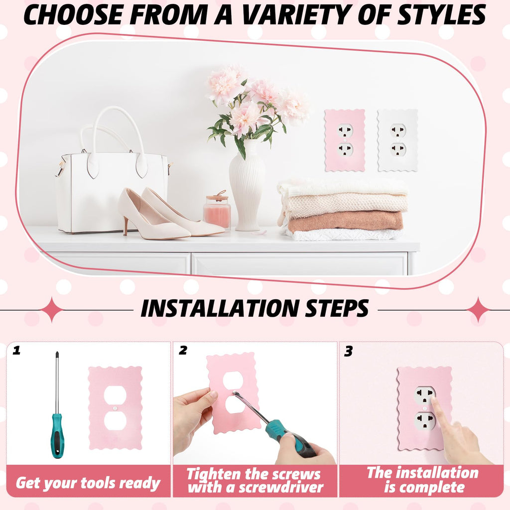 Pink Scalloped Duplex Outlet Covers Wall Plate Room Decor Metal Pink and White Cute Decorative Outlet Cover for Home Decor(Bow,2 Pcs)