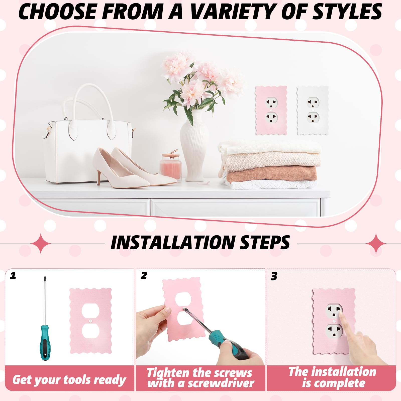 Pink Scalloped Duplex Outlet Covers Wall Plate Room Decor Metal Pink and White Cute Decorative Outlet Cover for Home Decor(Bow,2 Pcs)