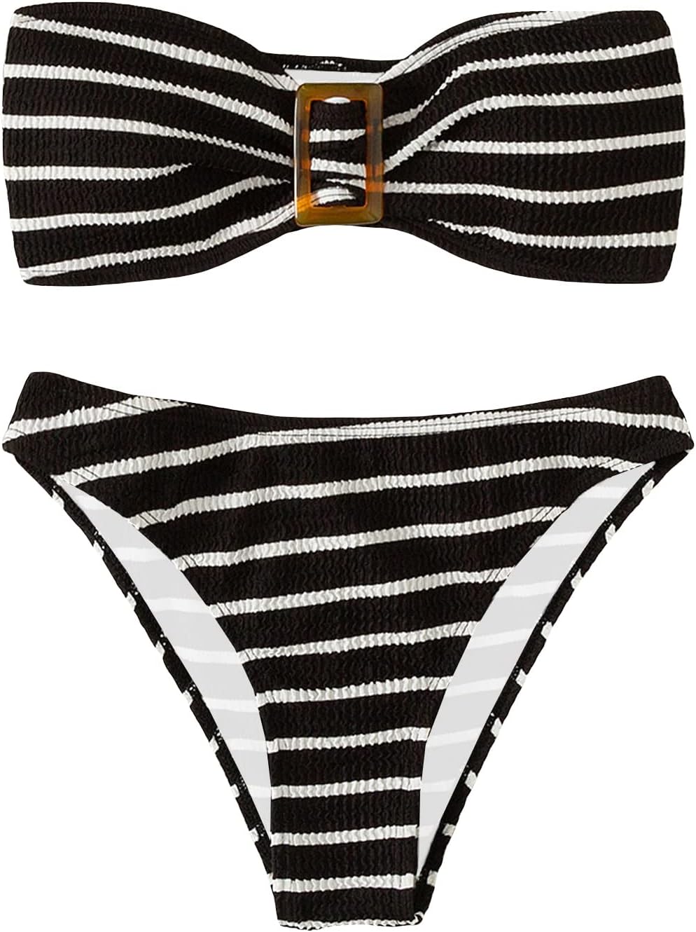 Women's 2 Piece Strapless Swimsuit Striped Bandeau High Waisted Thong Bikini Set Bathing Suit