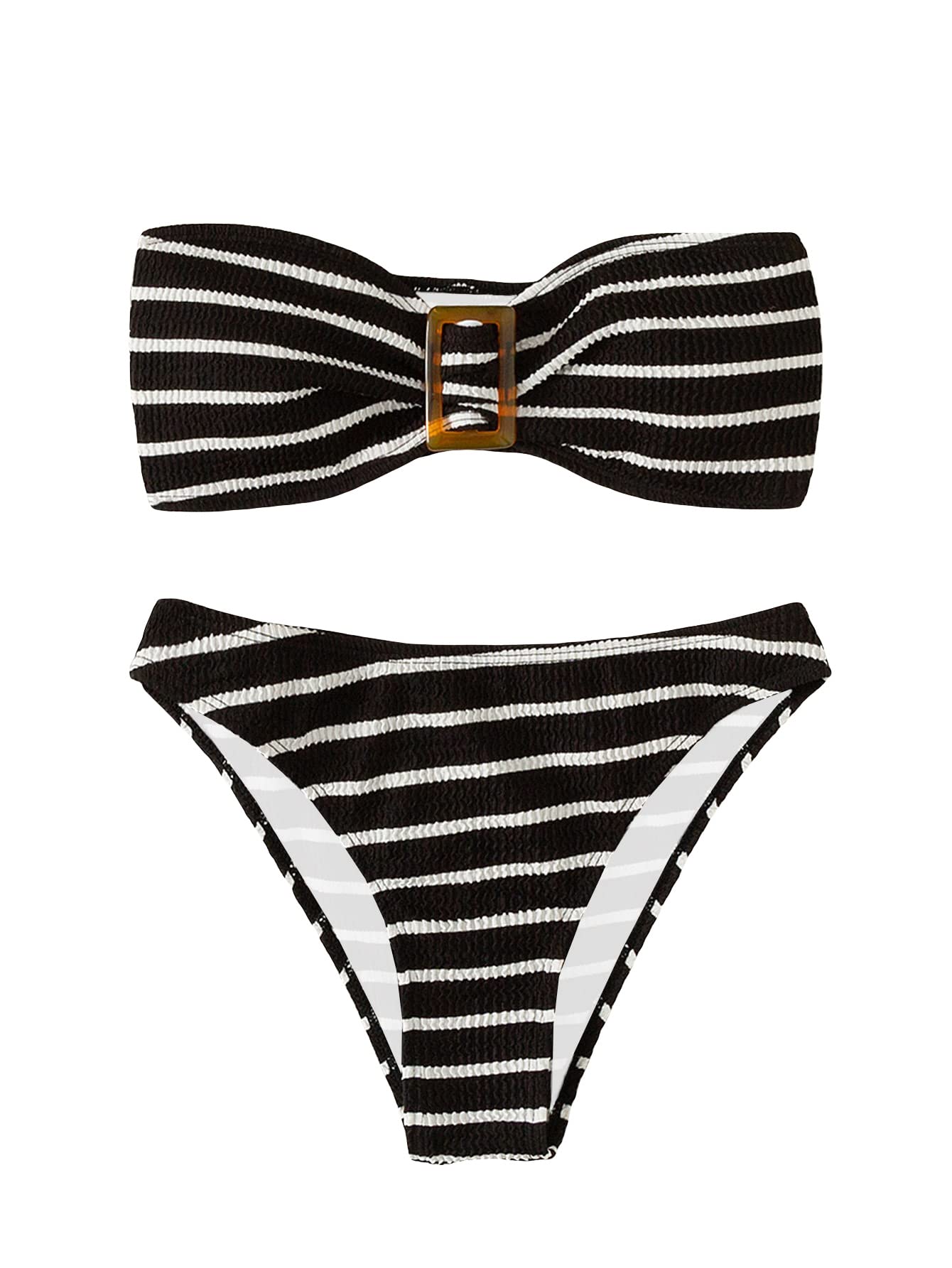 Women's 2 Piece Strapless Swimsuit Striped Bandeau High Waisted Thong Bikini Set Bathing Suit