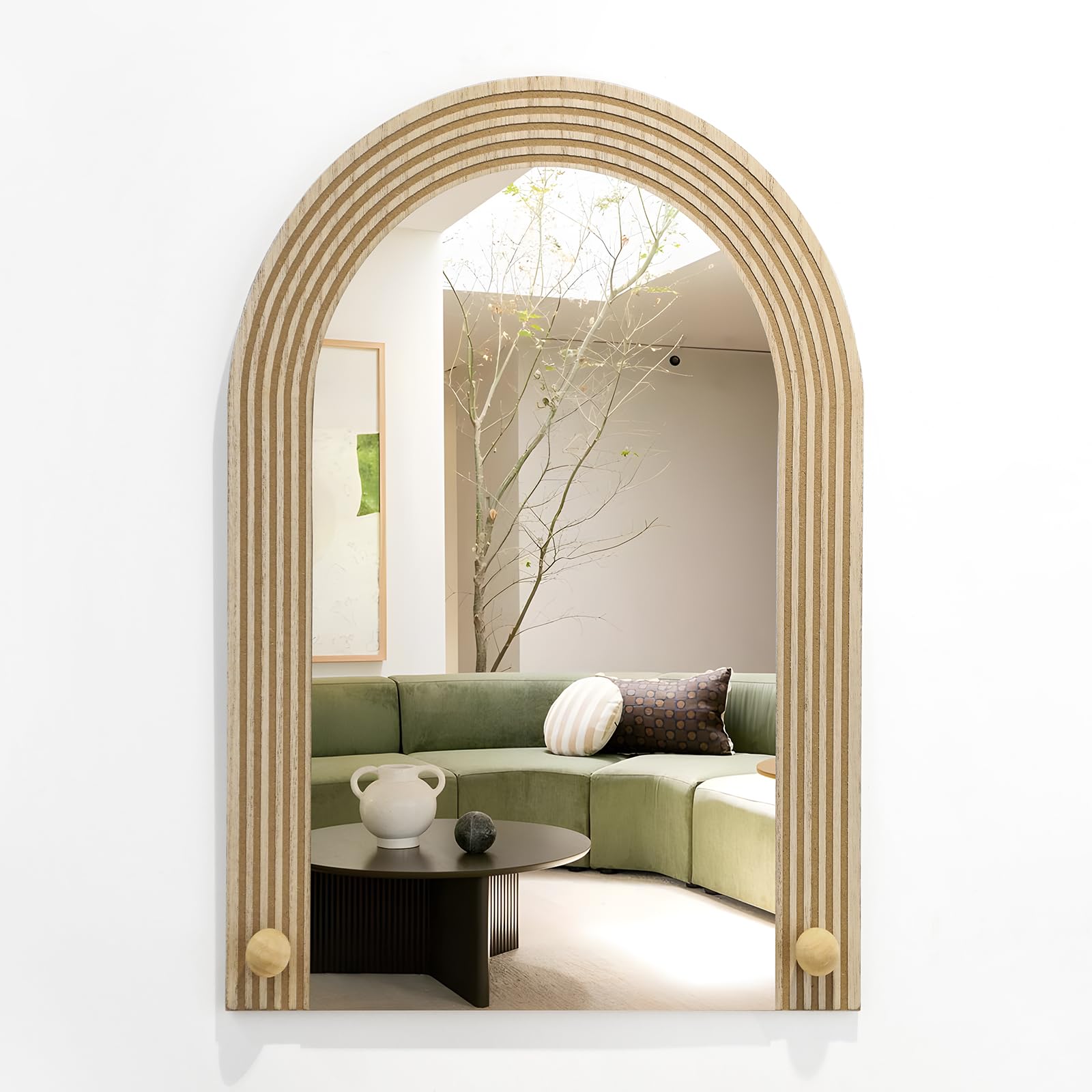 Wall Mirror Decor for Living Room Bedroom, Arched Wood Carved Wall-Mounted Decorative Mirror for Hallway Entryway Staircase Decor, Countryside Hanging Sculpture Home Accent