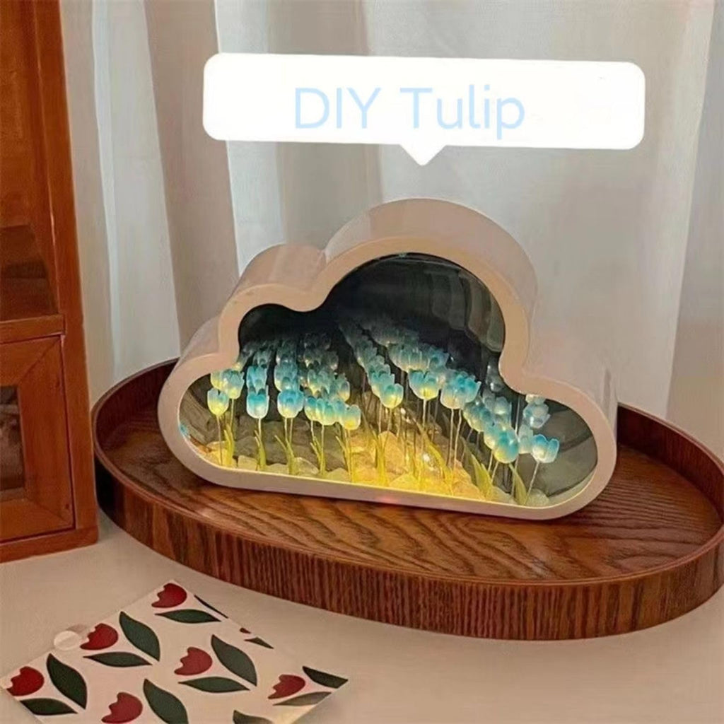 DIY Cloud Tulip Mirror Night Light, Simulation Flower Bedroom Cloud Tulip Table Lamp, Creative Home Decoration
