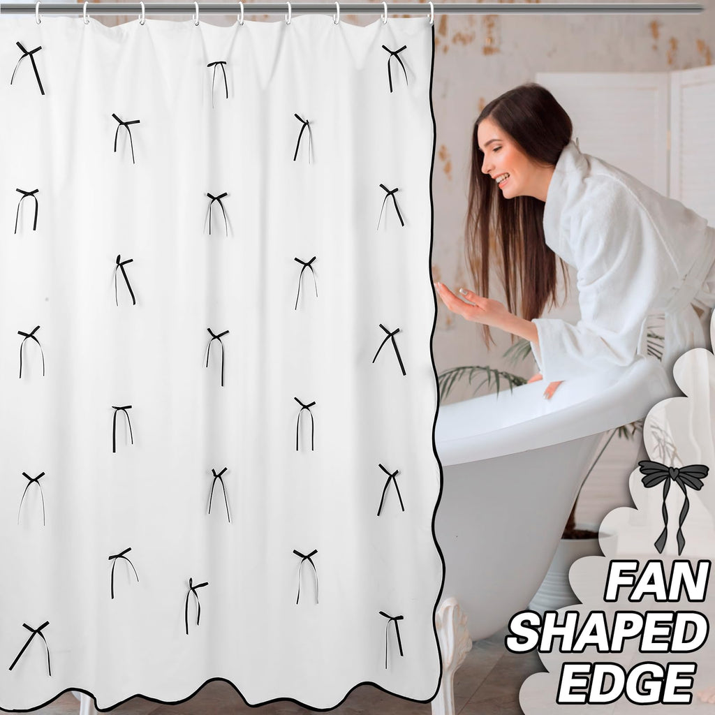 Cute Scalloped Bath Bow Shower Curtain with 12 Hooks Bowknot Waterproof Aesthetic Bathroom Decor for Women Girls Accessory, 72 Inches