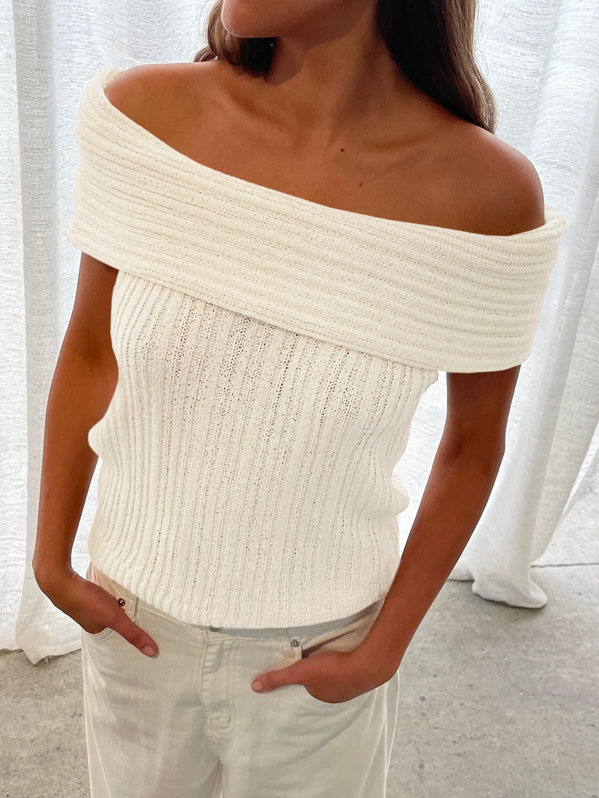 Womens Off The Shoulder Sweater Tops Summer Sleeveless Strapless Ribbed Sexy Pullover Shirts