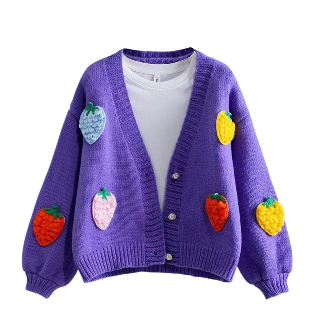 Women's Kawaii Strawberry Embroidered Cardigan Long Sleeve V Neck Chunky Knitted Cardigans