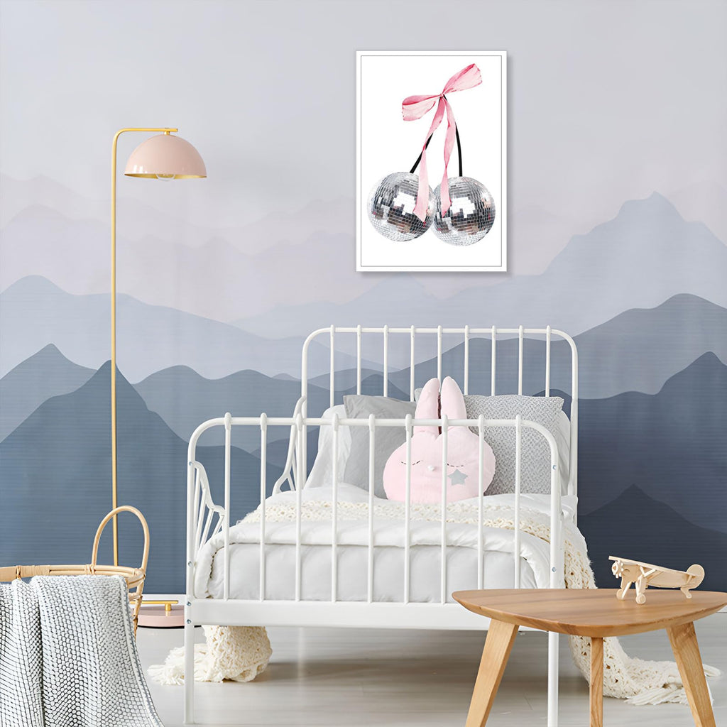Trendy Pink Bow Disco Ball Posters White Cherry Canvas Wall Art Funky Coquette Bow Ribbon Preppy Aesthetic Prints Painting
