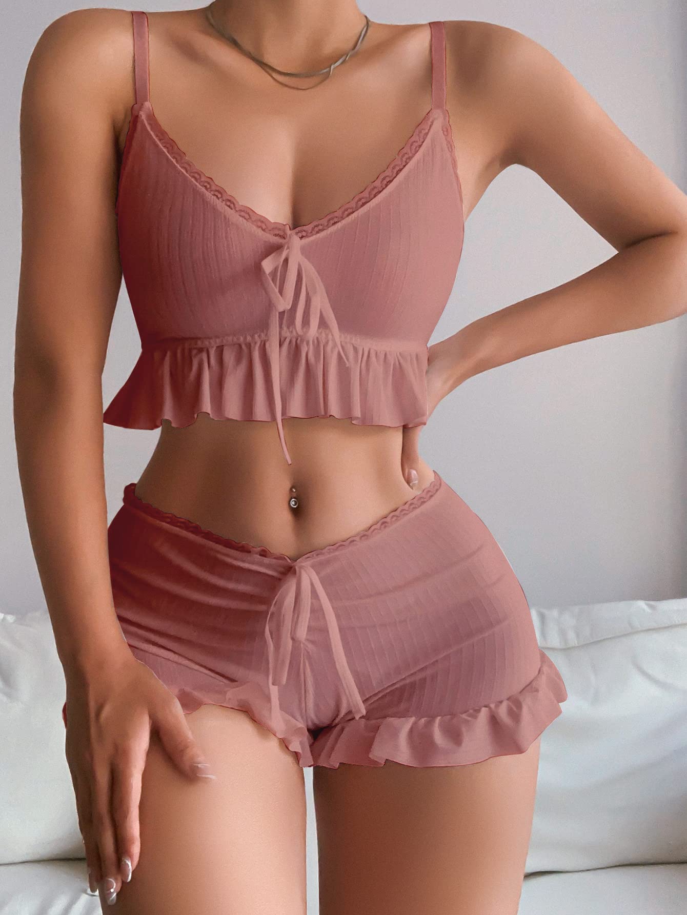 Women's 2 Piece Lingerie Set Pajama Sets Ruffle Trim Tie Front Cami Top and Shorts Sleepwear