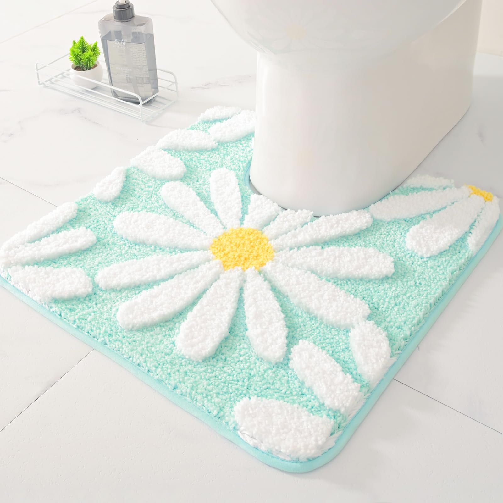 U Shaped Toilet Mat Cute Daisy Contour Bath Rug 20"x20", Extra Thick Soft Machine Washable Toilet Carpet, Non Slip Bathroom Floor Mats Super Absorbent Microfiber Bath Rugs