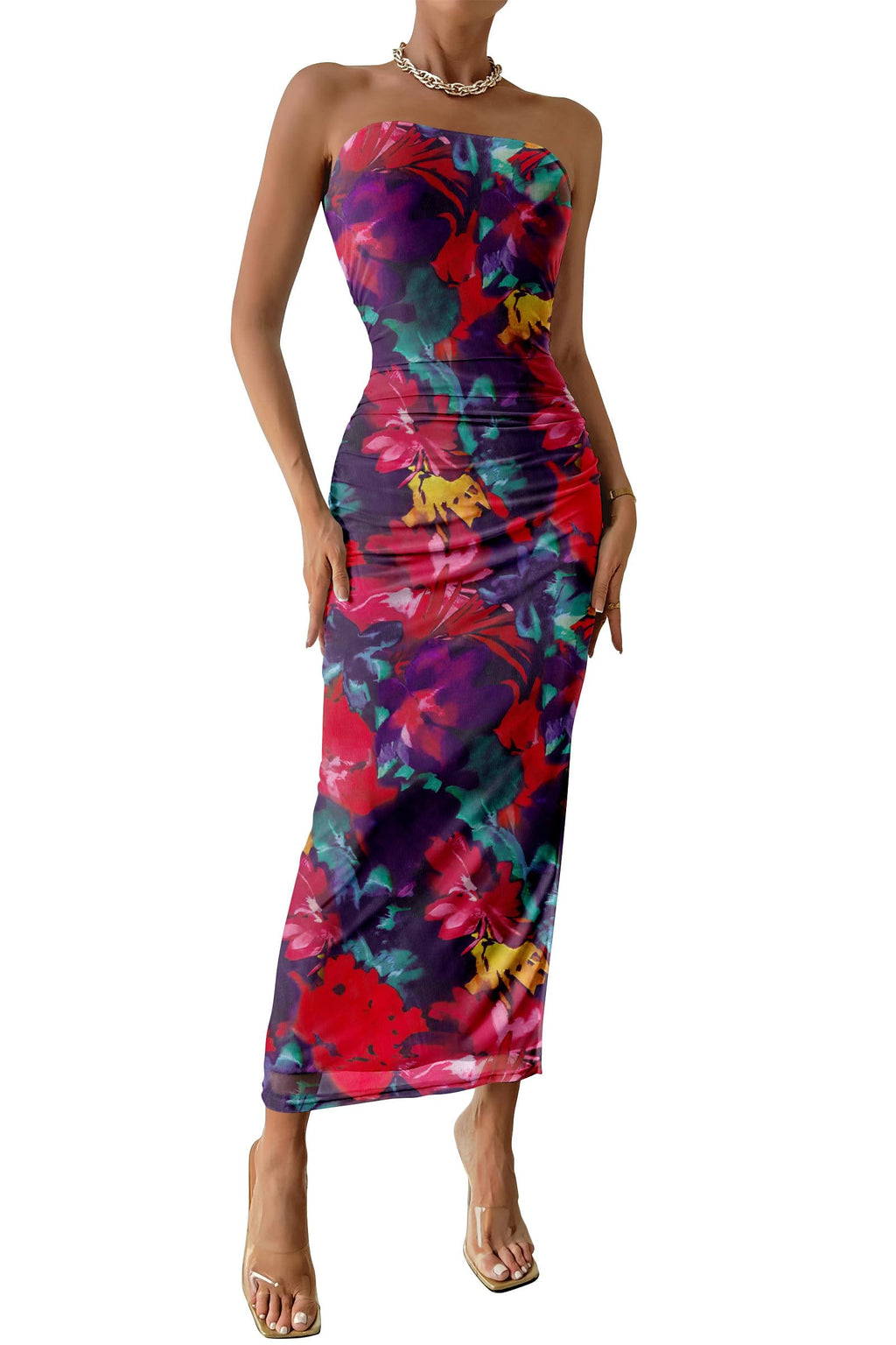 Women's Summer Maxi Bodycon Dresses Strapless Tube Top Printed Long Slit Dress