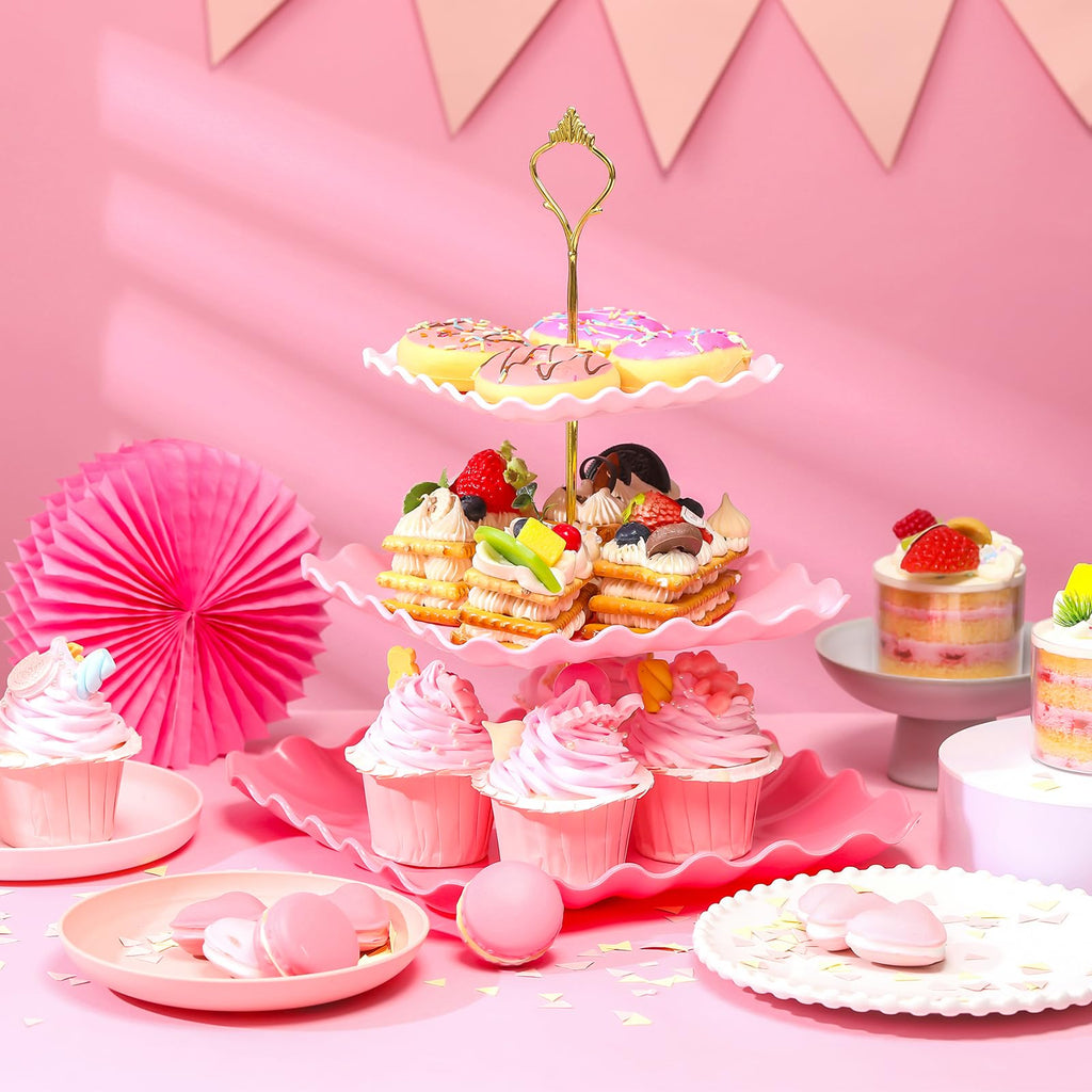 Dessert 2 Pack 3 Tier Cupcake Stand Pink Plates Plastic Square Tiered Serving Stand Display Tower