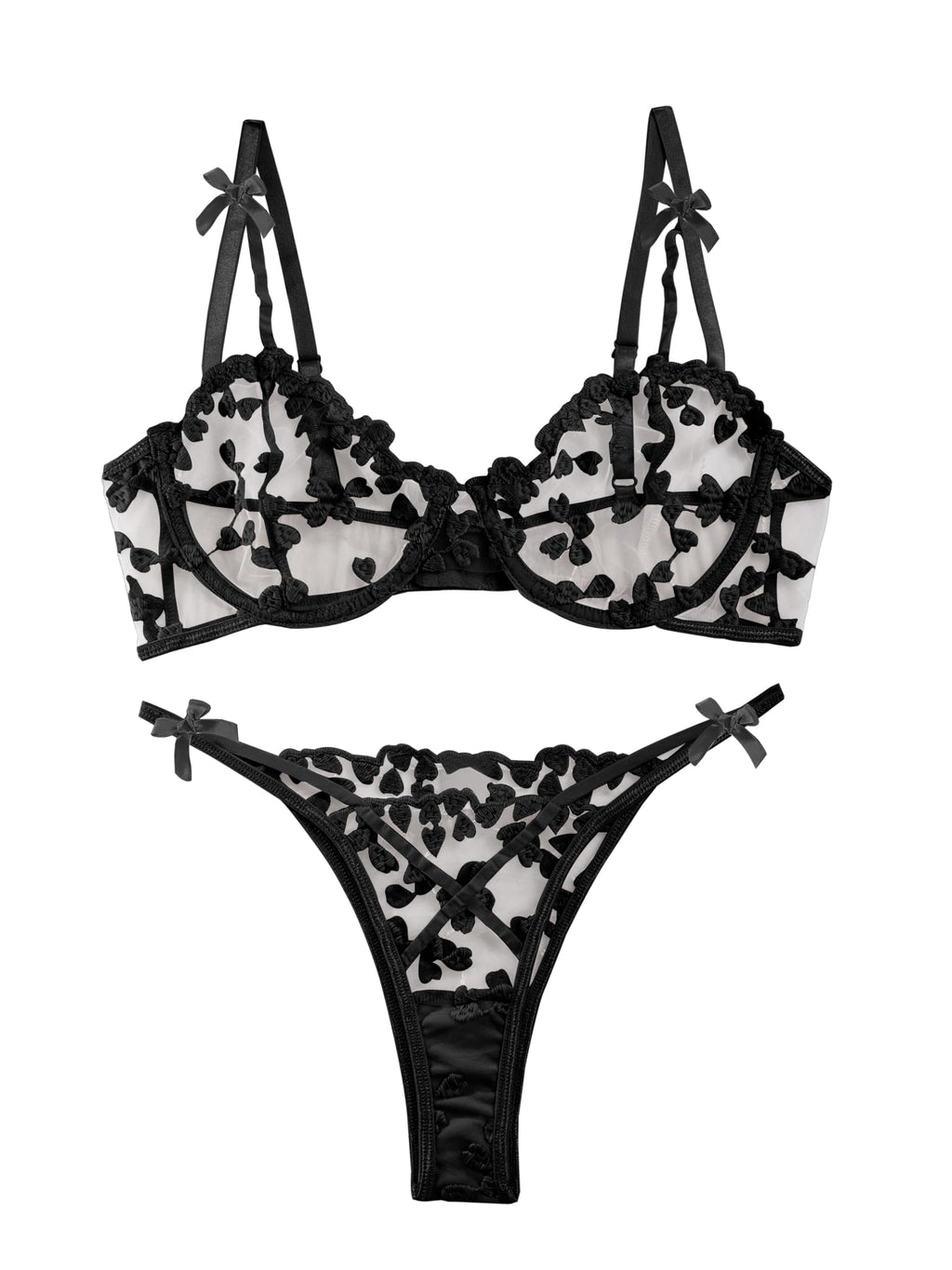Sexy Embroidered Mesh Lingerie Set â€?Sheer Strappy Push-Up Bra & Panty