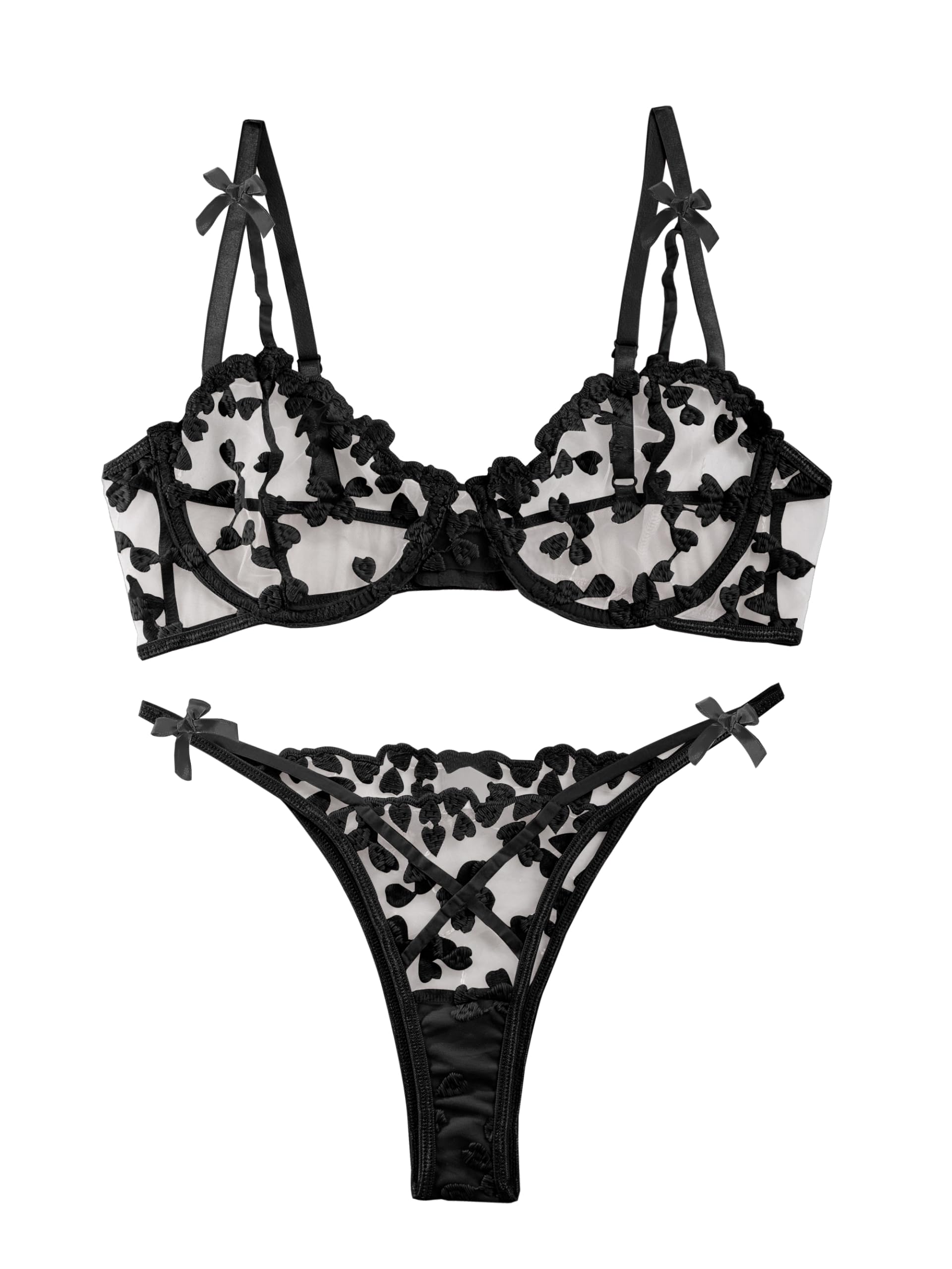 Sexy Embroidered Mesh Lingerie Set â€?Sheer Strappy Push-Up Bra & Panty