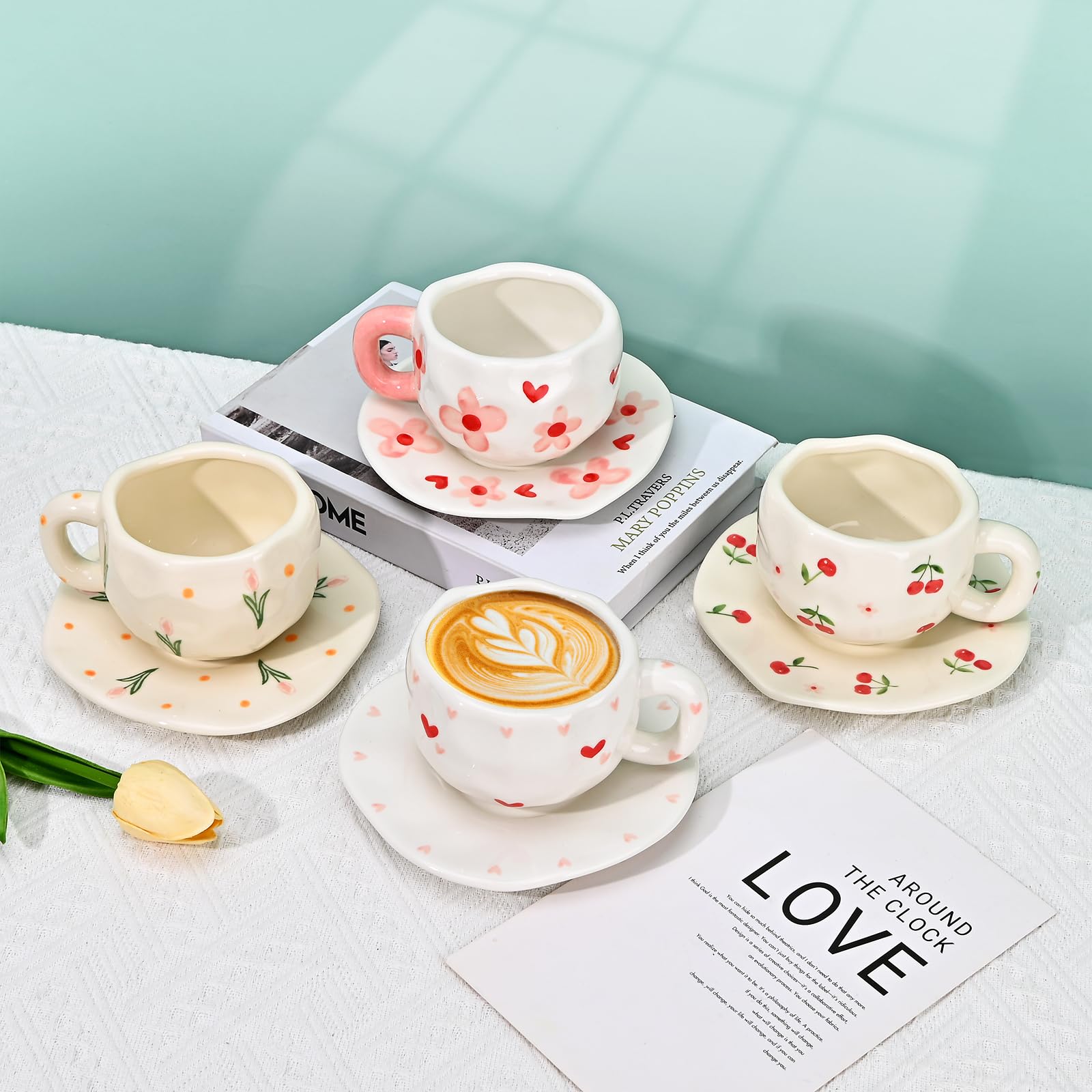 Ceramic Coffee Mug with Saucer Set, Cute Creative Cup Unique Irregular Design, 10 oz/300 ml