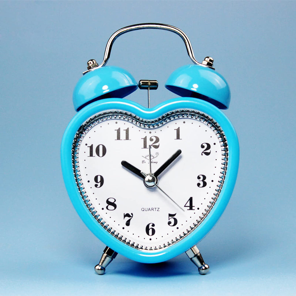 Cute Heart Shapes Twin Bell Loud Alarm Clock Silent Analog Quartz Nightlight Tableclock Battery Operated for Kids, Seniors, Heavy Sleepers, Decorations for Bedroom, Living Room 3 Inches