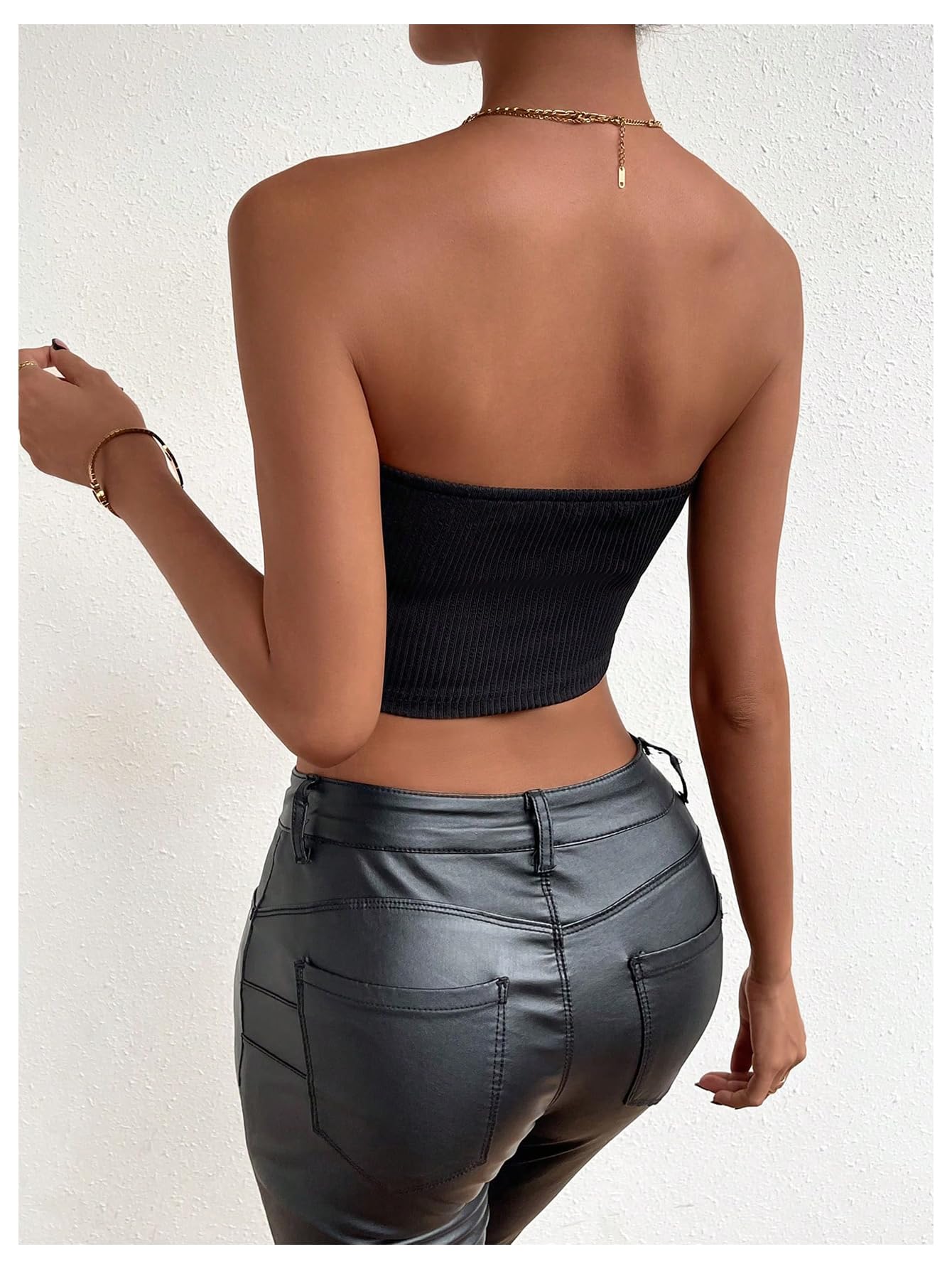 Women's Striped Criss Cross Strapless Tube Crop Top Sleeveless Ribbed Bandeau