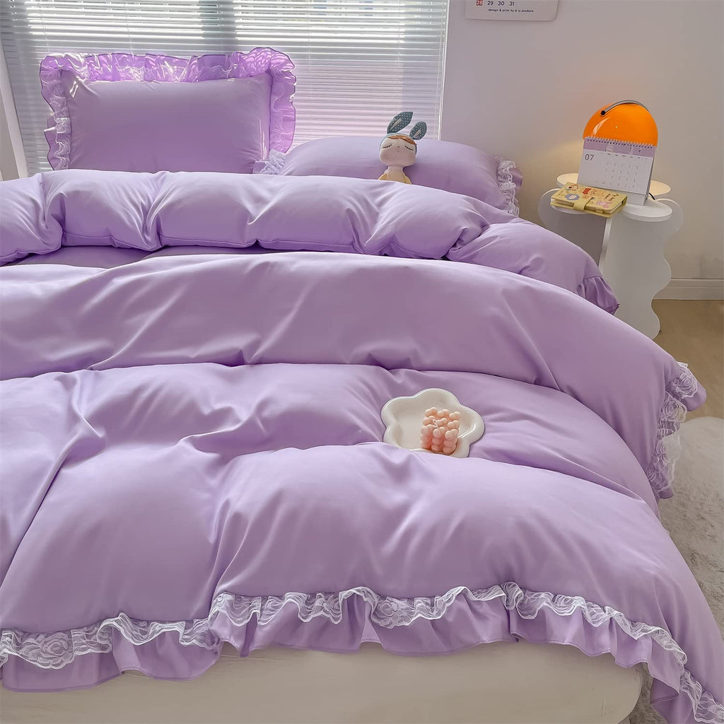 Chic Ruffle Lace Polyester Duvet Cover Set - Bedding-2 Piece Twin Duvet Cover with Zipper Closure - Ultra Soft and Light Weight