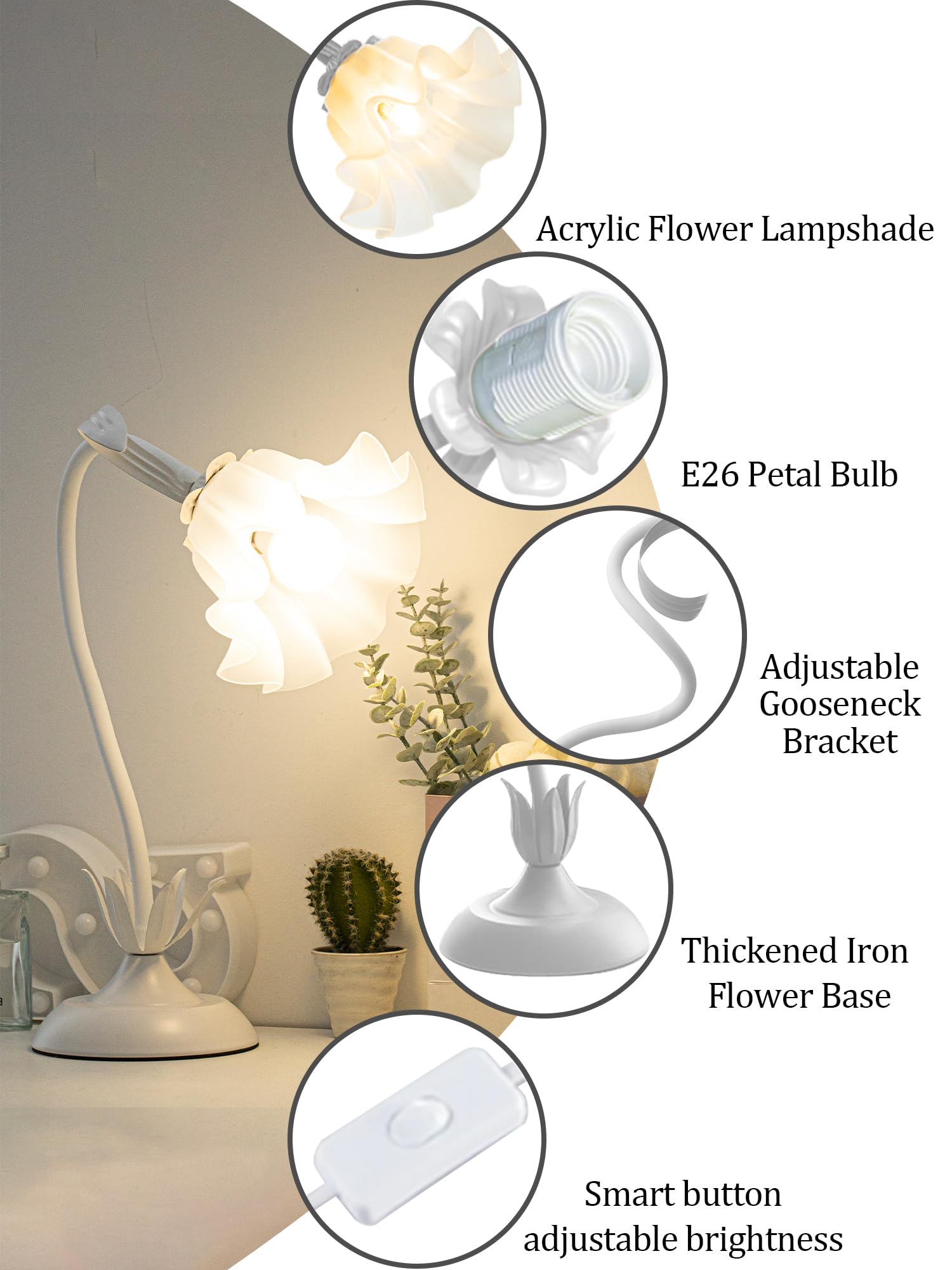 Vintage Flower LED Table Lamp â€?Kawaii Bedside Reading Light with 3 Color Modes