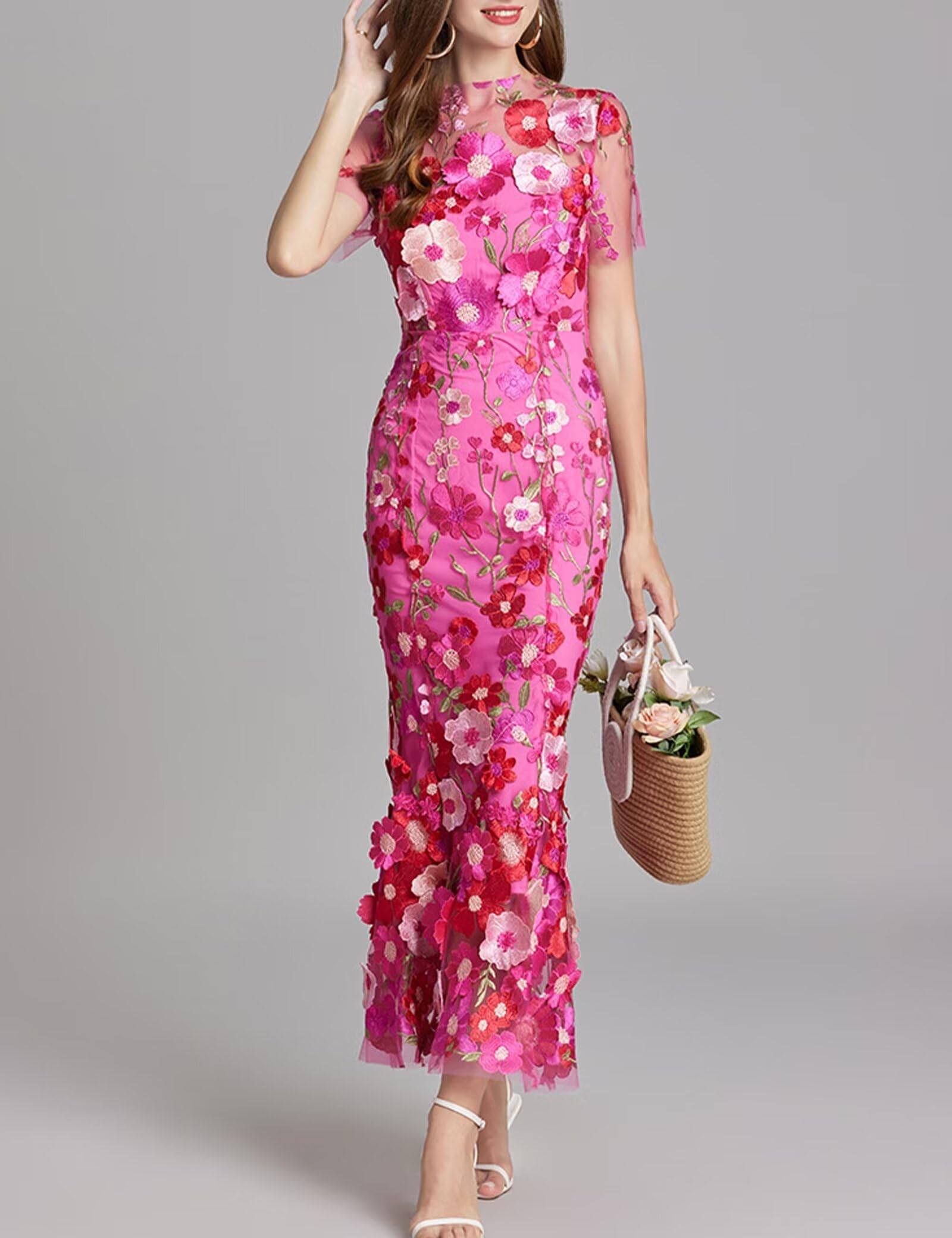 Women's 3D Floral Embroidery Dress Sheer Mesh Round Neck Lace Bodycon Party Cocktail Maxi Dress Short Sleeves