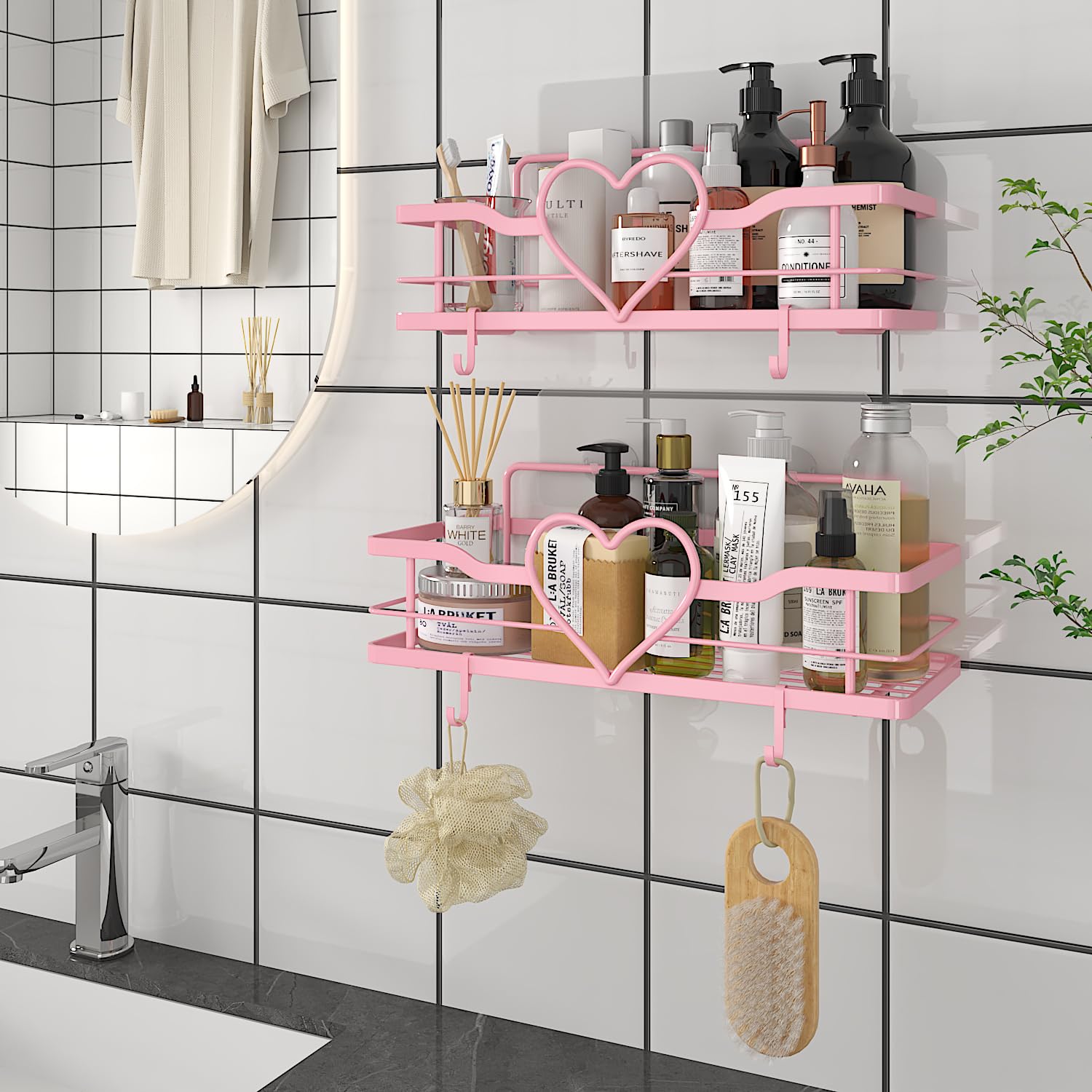 Heart Shower Caddy with 4 Removable Hooks, 2 Pack Sweet Heart Shower Shelves, No Drilling Adhesive Organizer Shelf