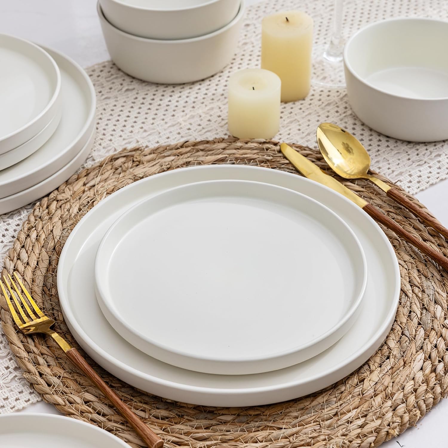 Ceramic Dinnerware Sets for 4, Modern Flat Stoneware Plates and Bowls Sets,Chip and Crack Resistant | Dishwasher & Microwave Safe Dishes Set, Scratch Resistant- Service for 4 (12pc)