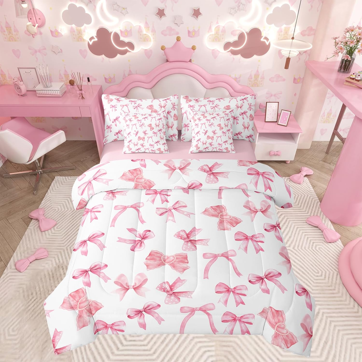 Floral Bowknot Comforter Set,Pink Bow Tie Print Bedding Set Cute Bow Flower Comforter Princess Style Bed Set for All Season