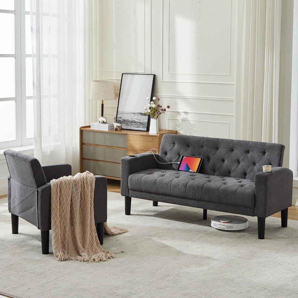 Velvet Loveseat Sofa w/ 2 USB Charger Ports and 2 Cupholders, Mid-Century Modern Tufted