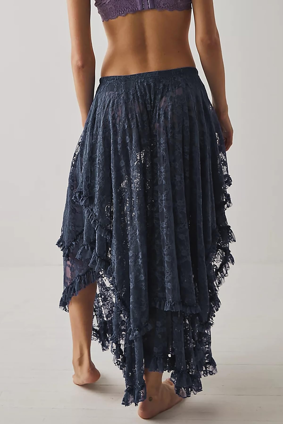 Women Lace Long Skirts Summer Elastic Asymmetrical Layered Hem Sexy See-Through Beach Floral Maxi Skirts