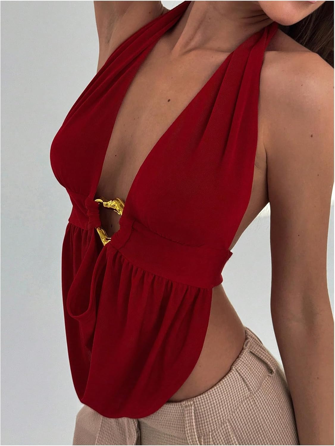 Women's Casual Sleeveless Backless Halter Tops Draped Front Party Tank Top