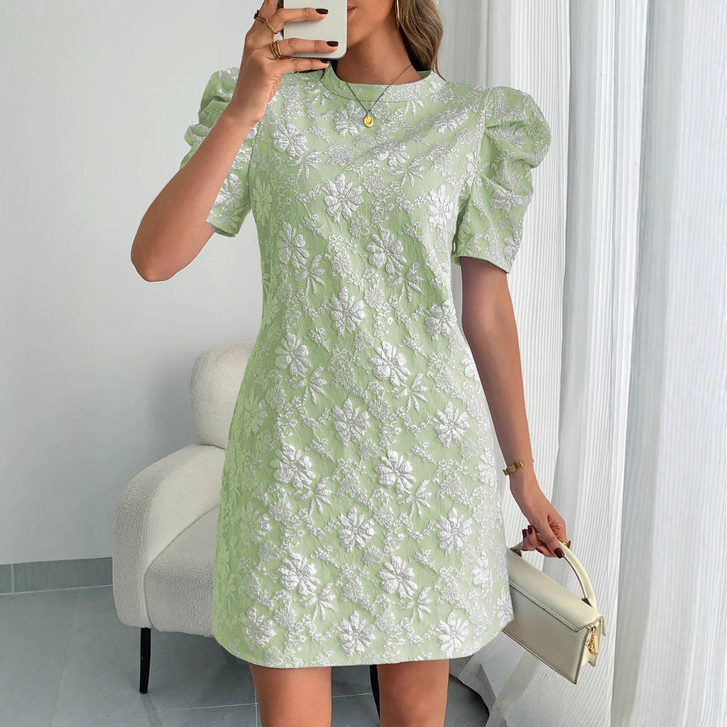 Ladies Puff Sleeve Texture Jacquard Round Neck Retro Style Dress