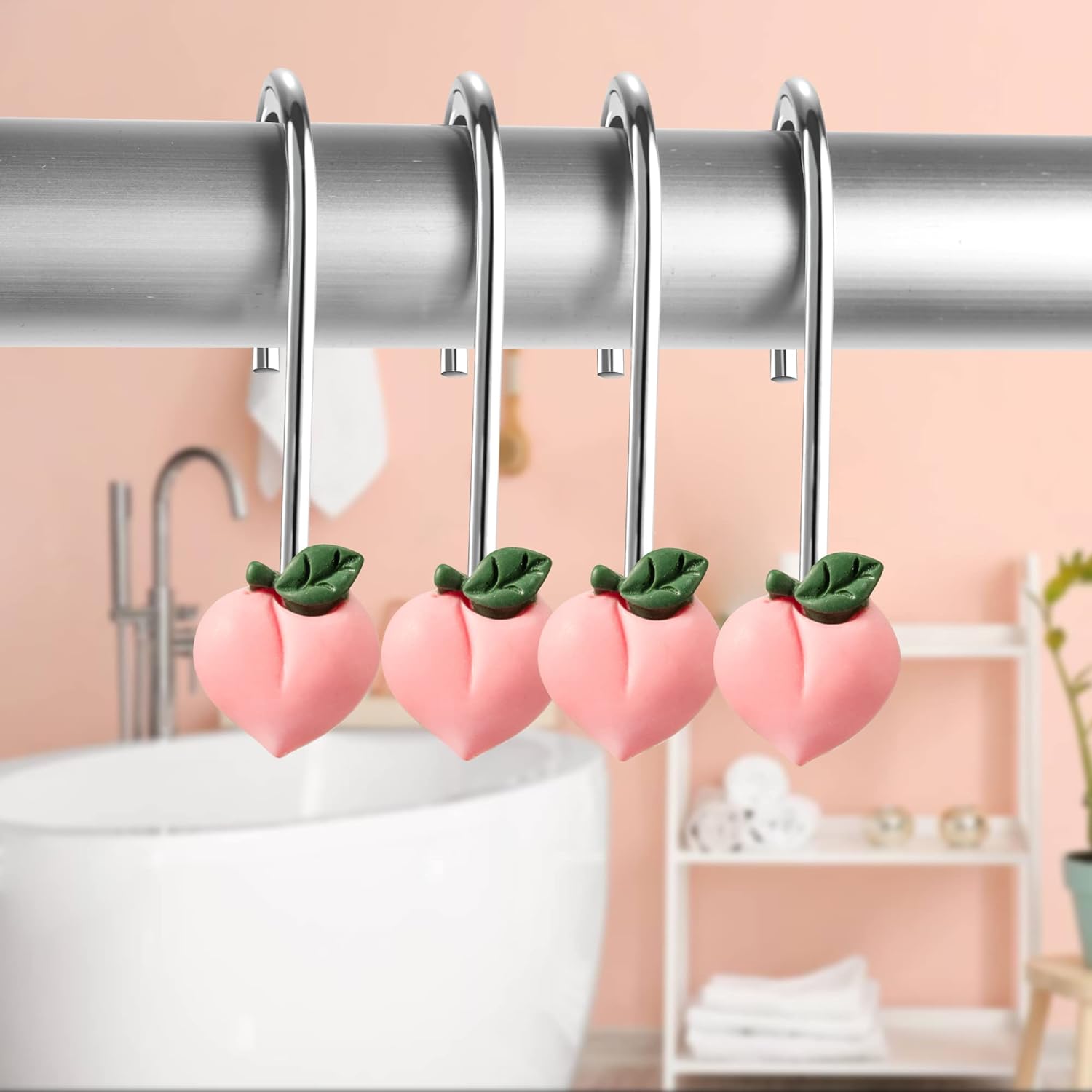 Peach Shower Curtain Hooks - 12pcs Peach Shower Curtain Hooks Pink Rustproof Curtain Hangers Glide Shower Rings Curtain Cute Fruit Resin Stainless Steel