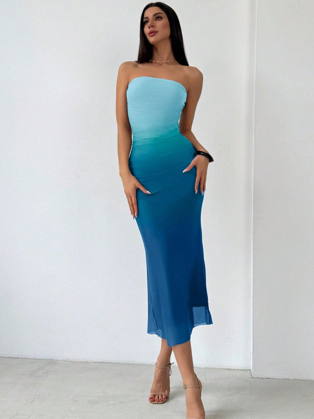 Women's Summer Gradient Strapless Tube Dress Bodycon Long Dress Side Slit Mesh Layered